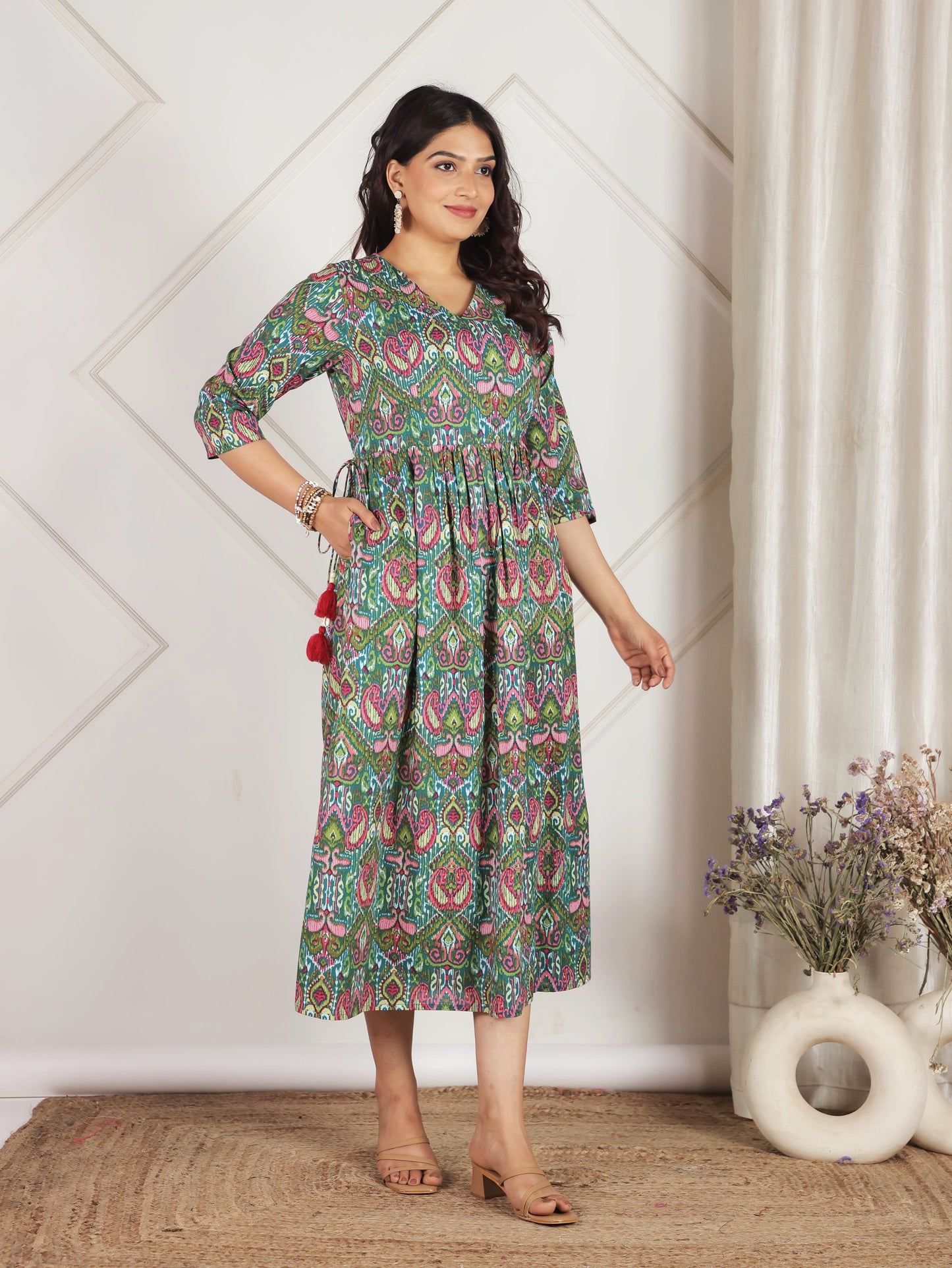 Soft Cotton Paisley A-line Green Dress