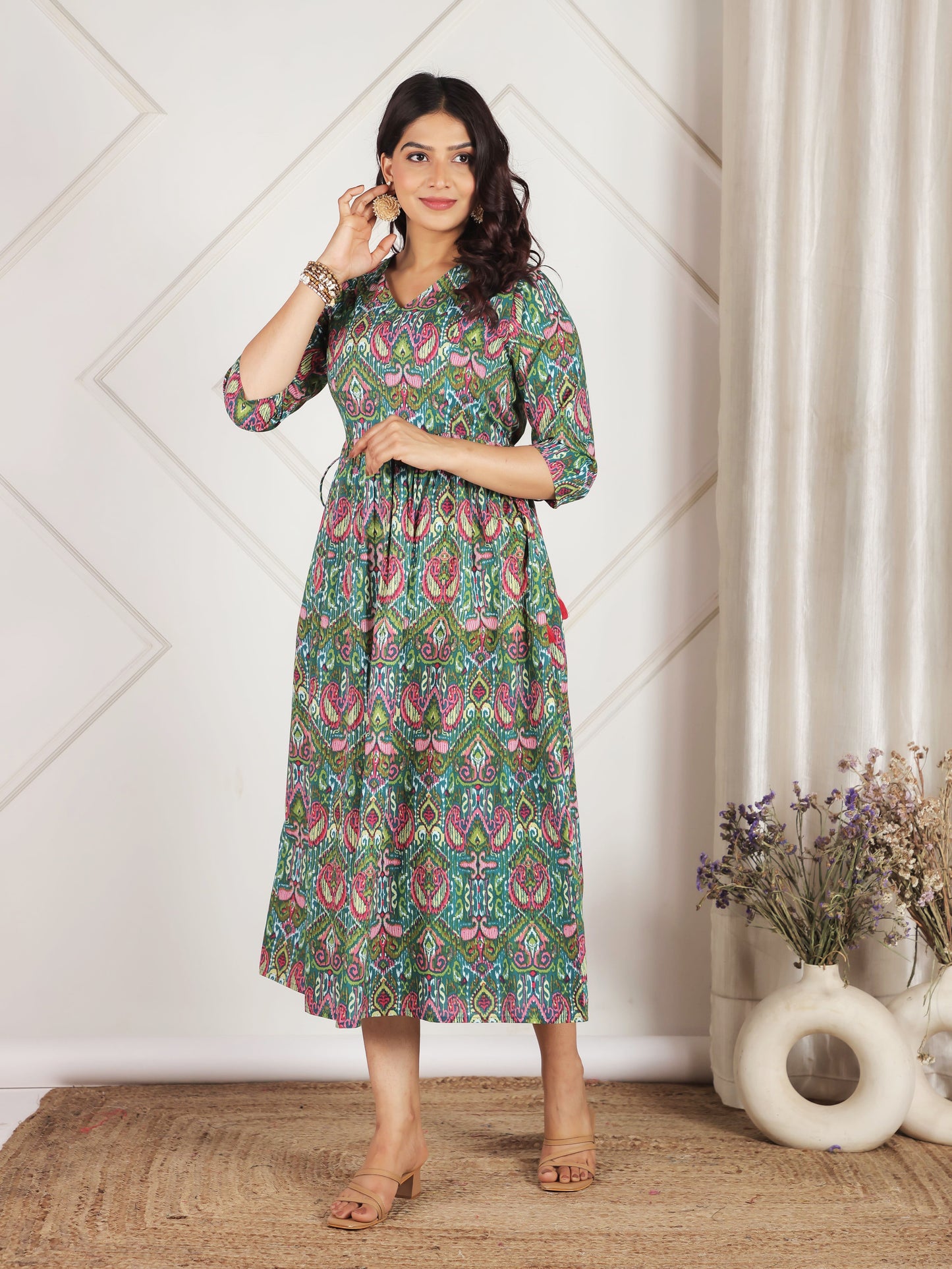 Soft Cotton Paisley A-line Green Dress