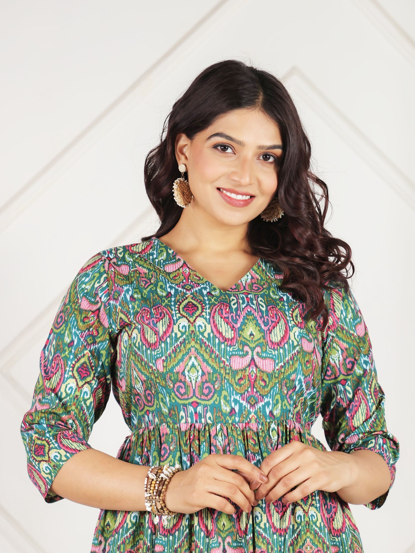 Soft Cotton Paisley A-line Green Dress