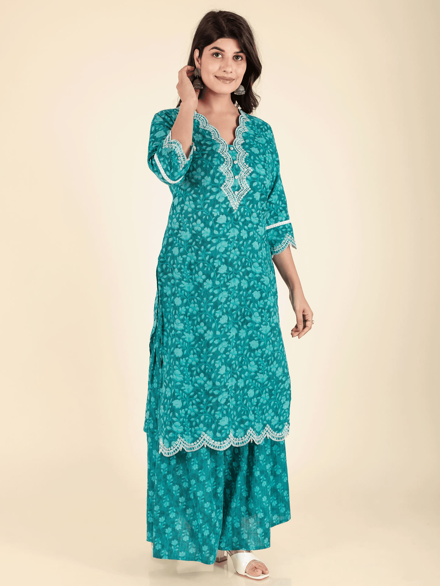 Kantha Cotton Floral Straight Turquoise Kurta
