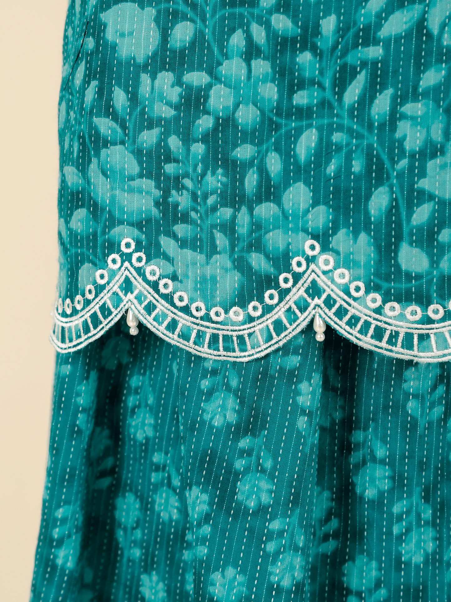 Kantha Cotton Floral Straight Turquoise Kurta