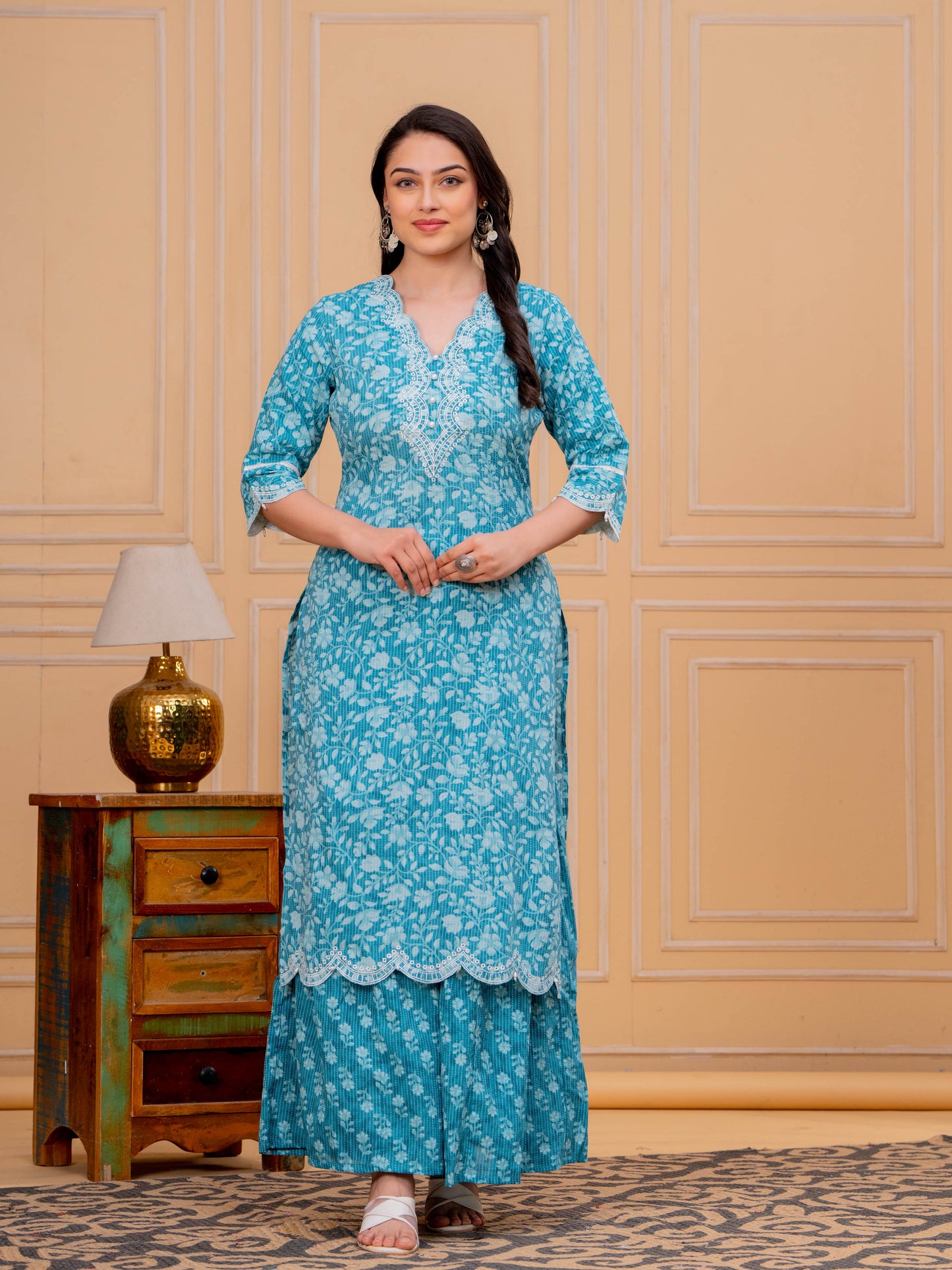 Embroidered Soft Cotton Floral Straight Turquoise Kurta