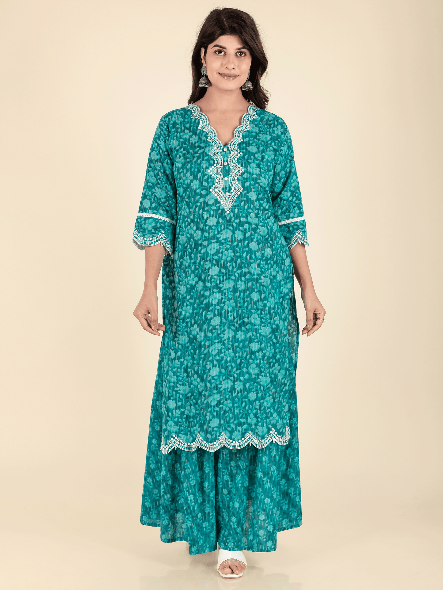 Embroidered Kantha Cotton Floral Straight Turquoise Kurta
