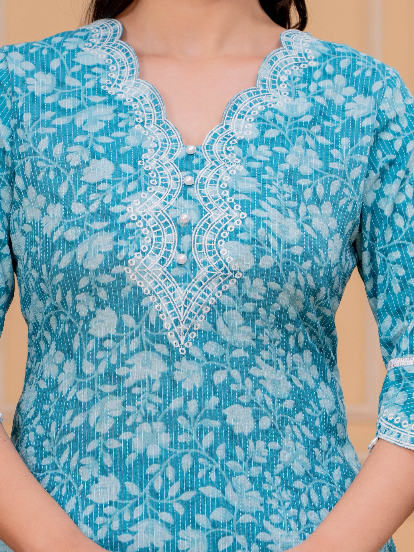 Embroidered Soft Cotton Floral Straight Turquoise Kurta