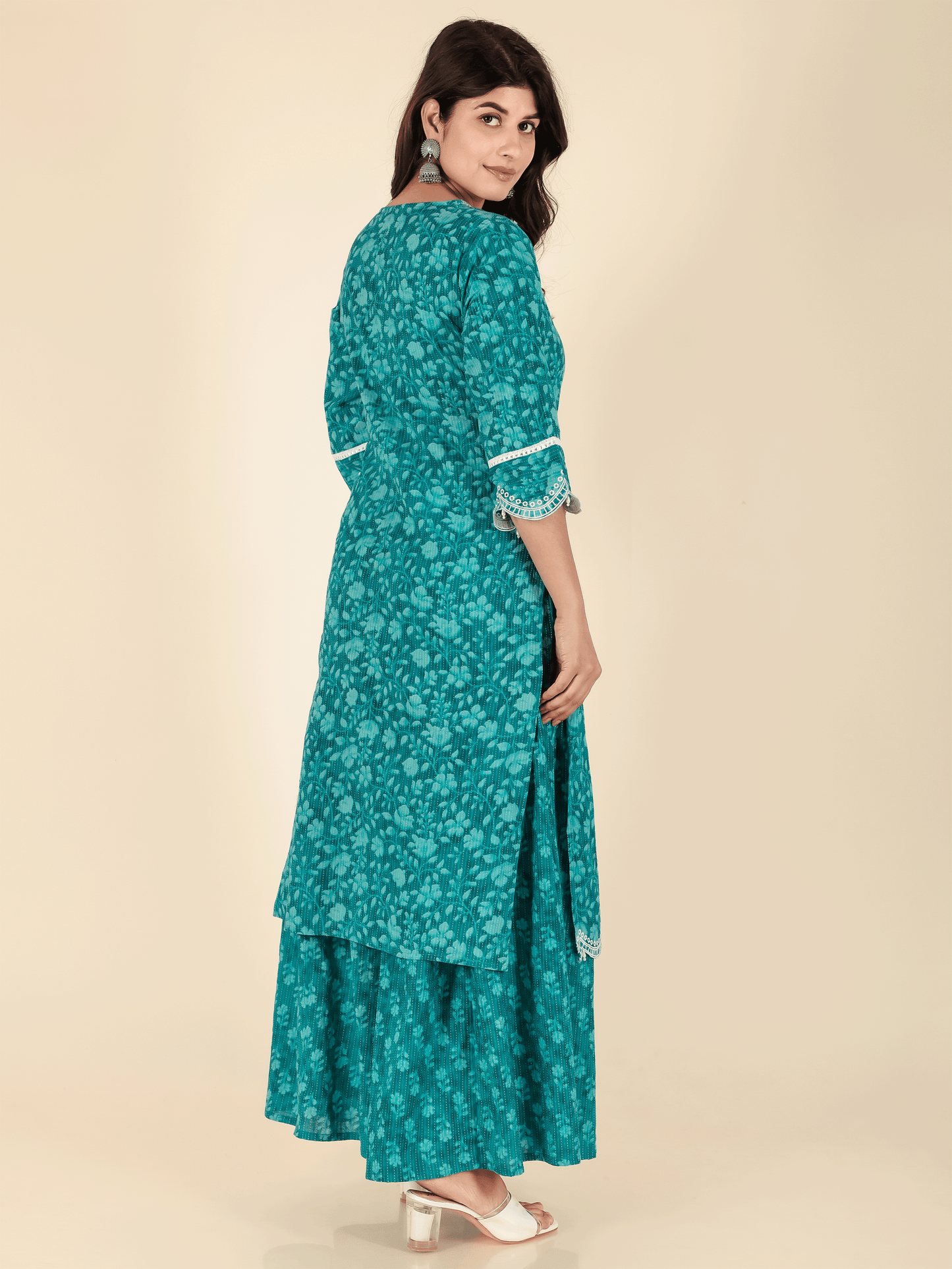 Kantha Cotton Floral Straight Turquoise Kurta