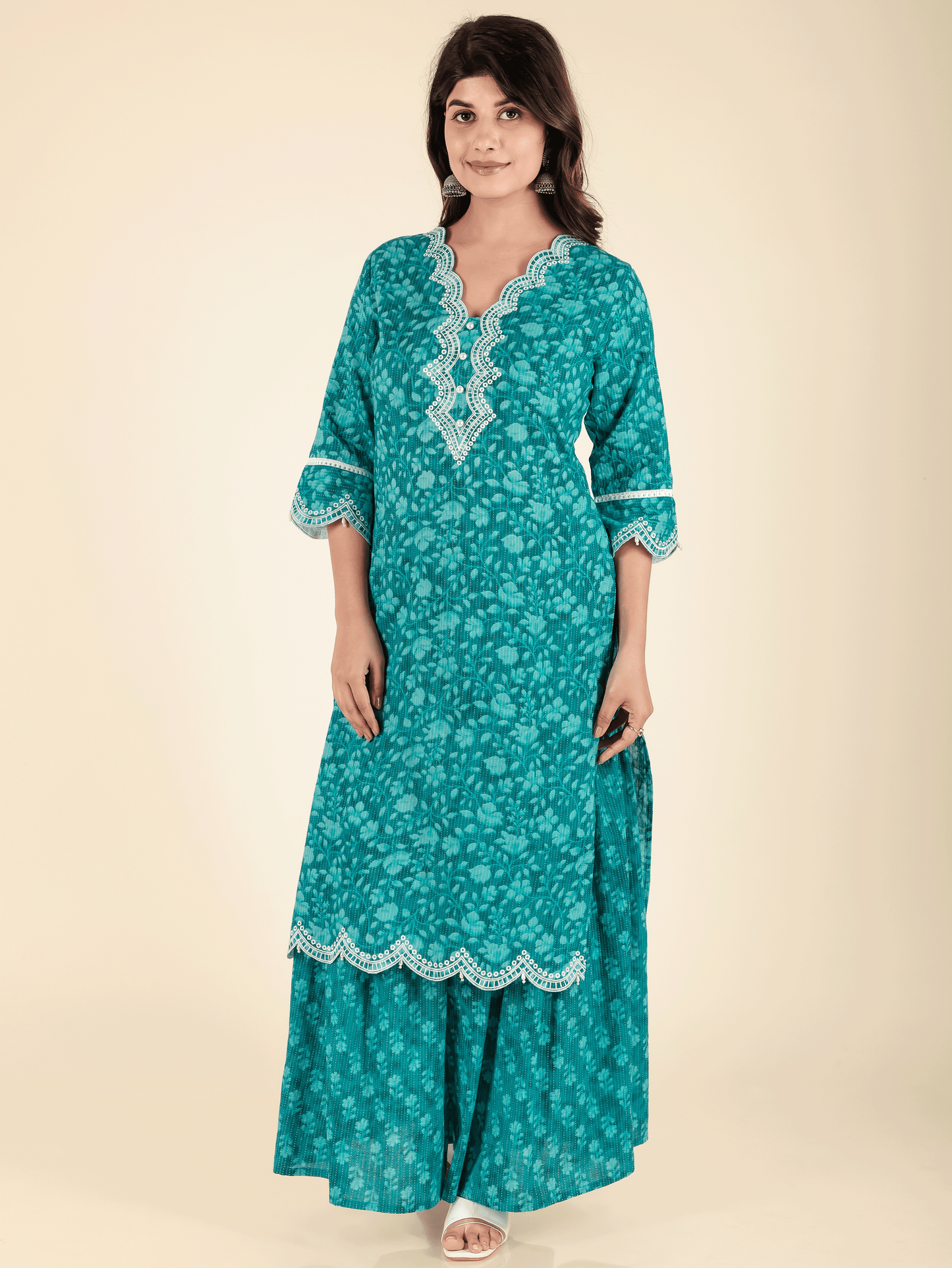 Kantha Cotton Floral Straight Turquoise Kurta