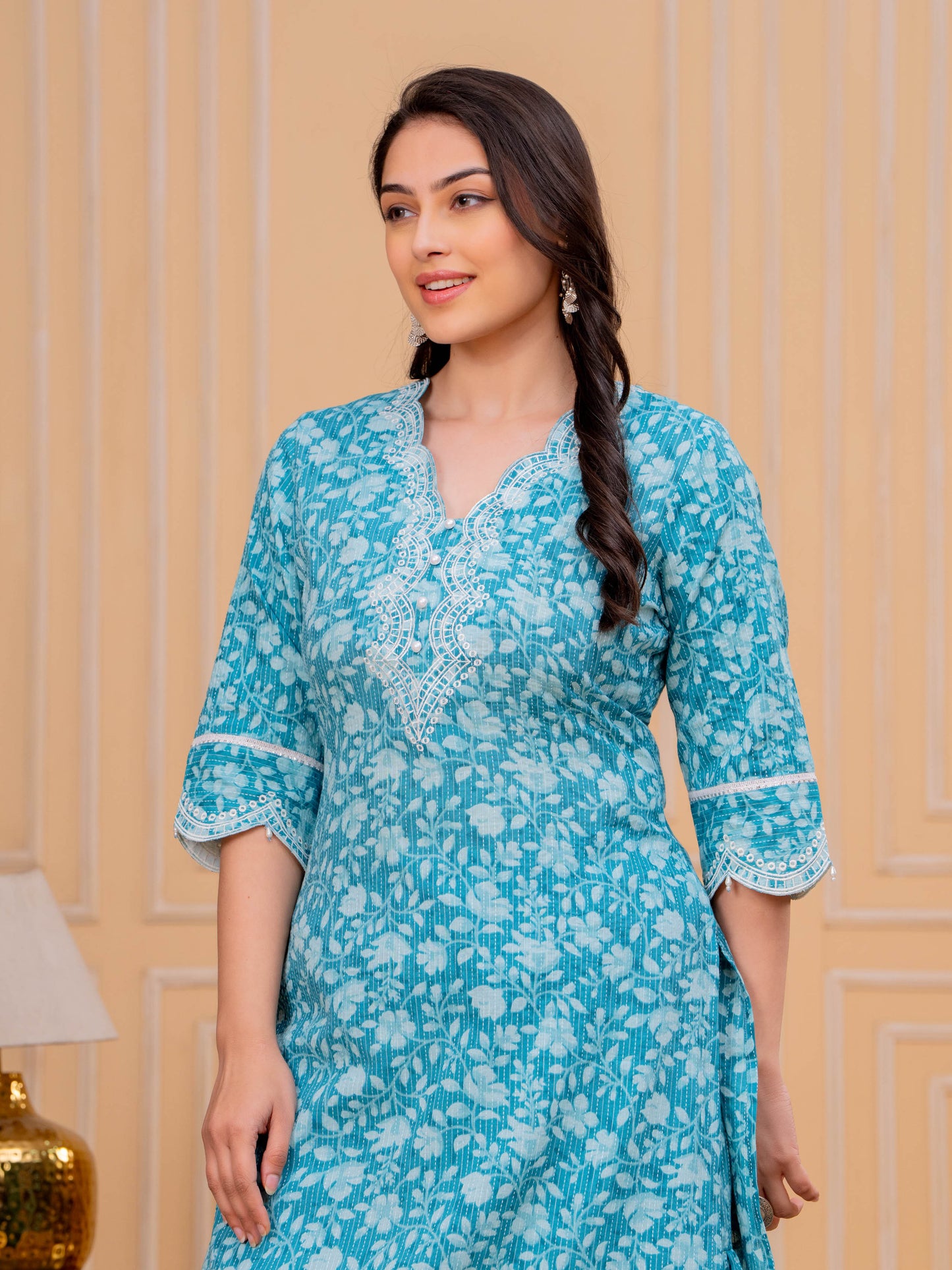 Embroidered Soft Cotton Floral Straight Turquoise Kurta