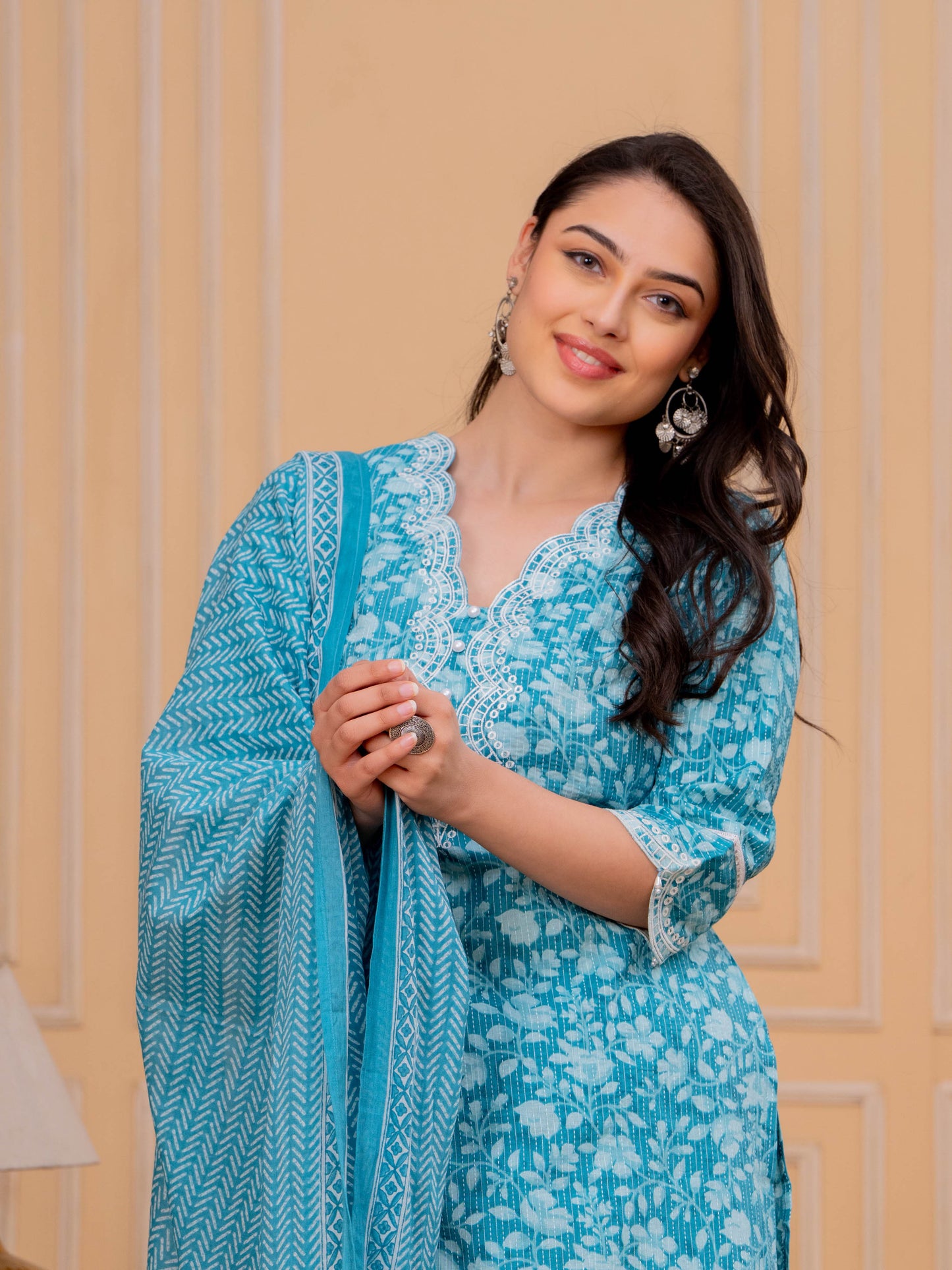 Embroidered Soft Cotton Floral Straight Turquoise Kurta