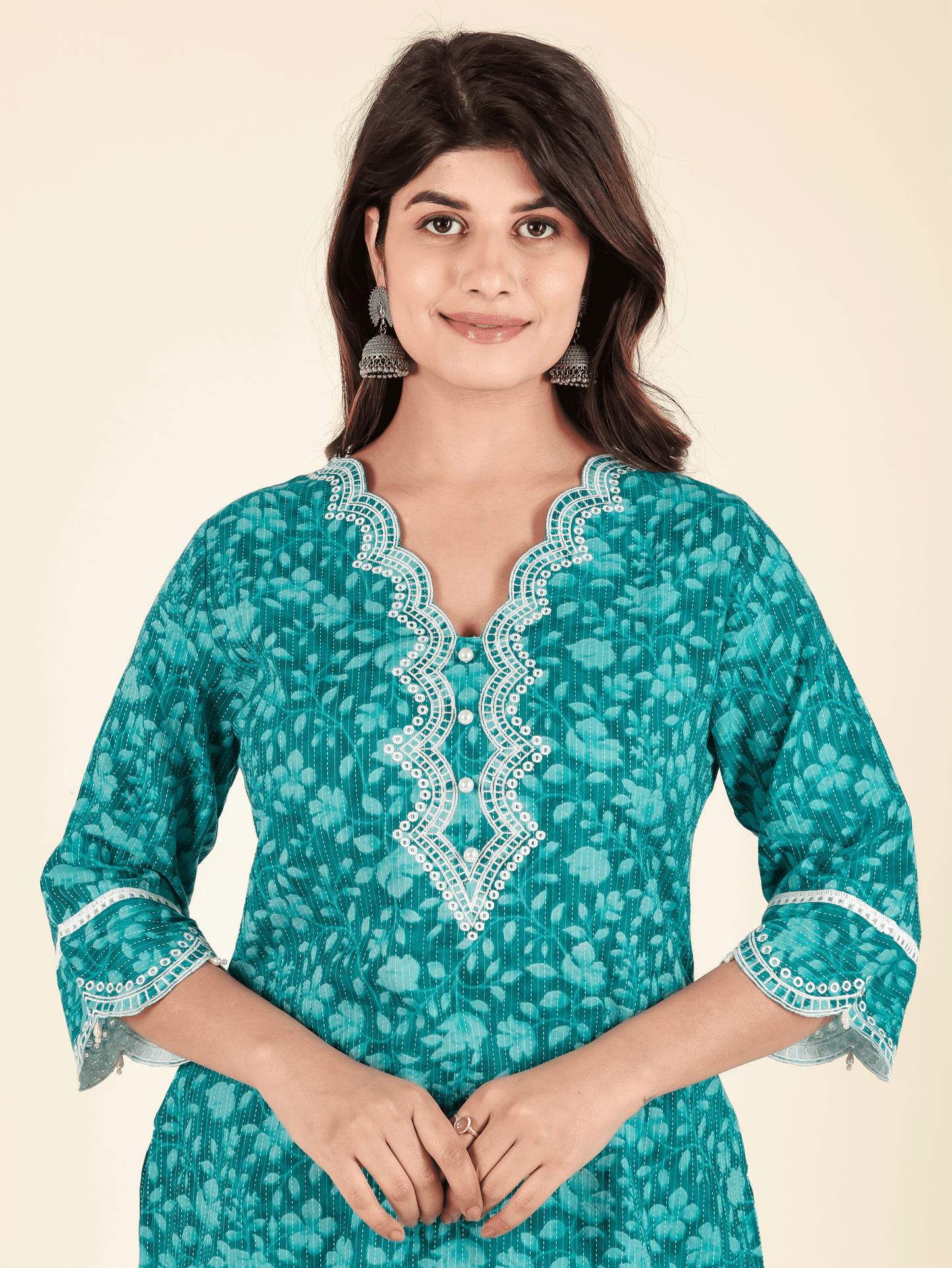 Kantha Cotton Floral Straight Turquoise Kurta