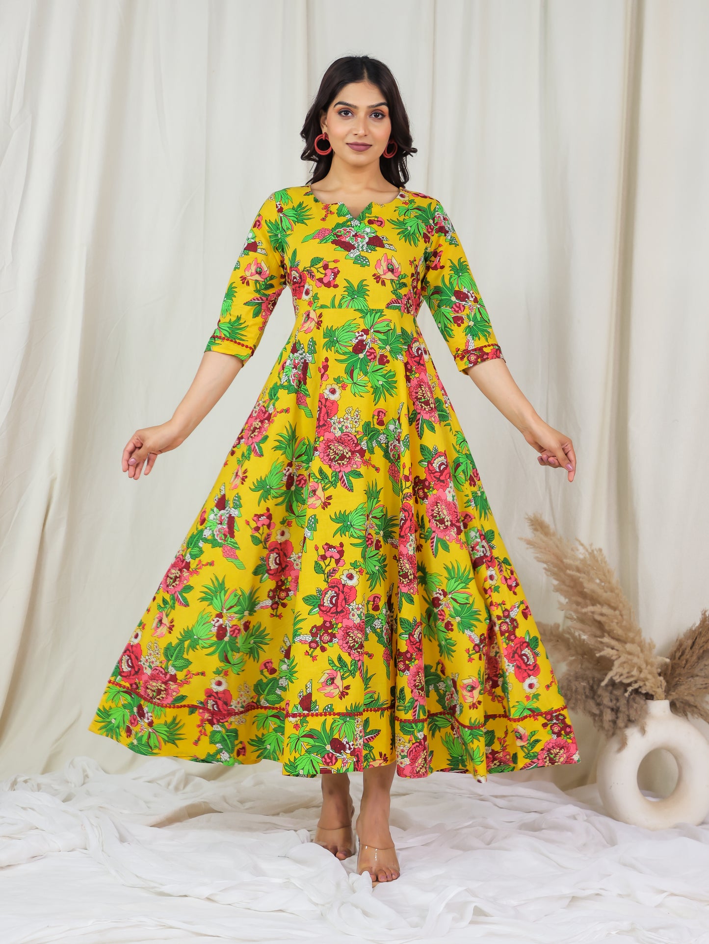 Soft Cotton Floral Anarkali Yellow Dress