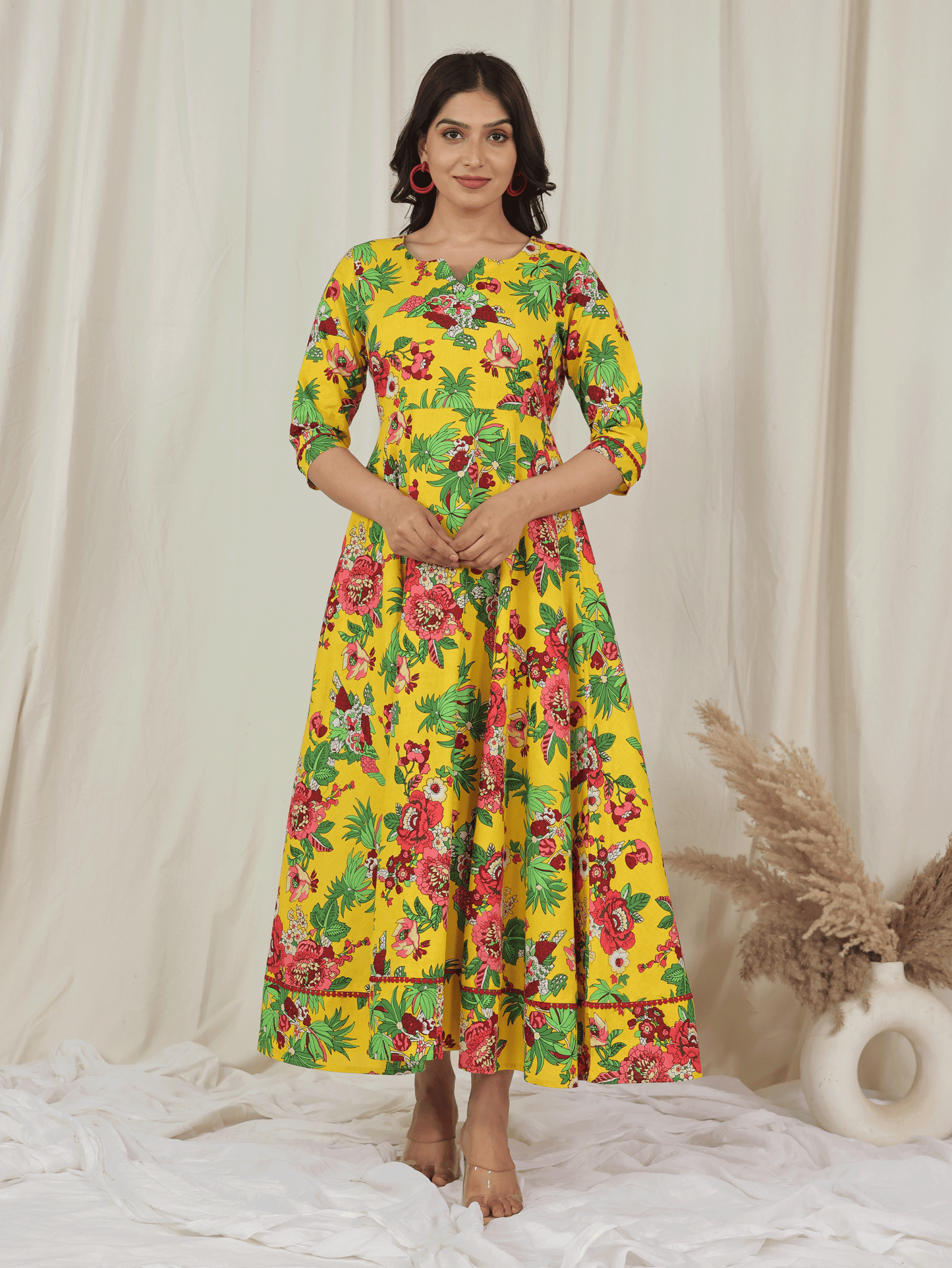 Soft Cotton Floral Anarkali Yellow Dress