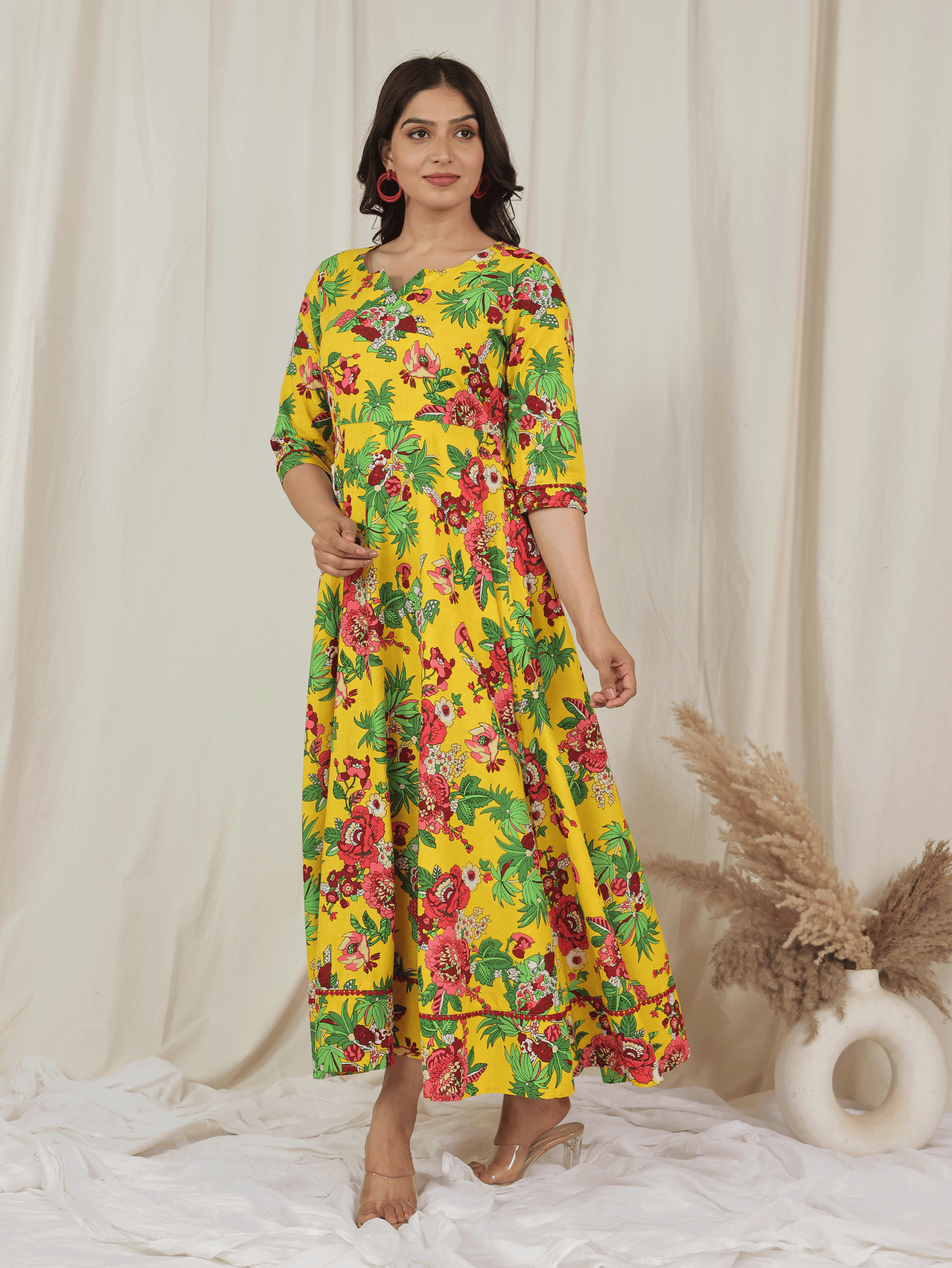 Soft Cotton Floral Anarkali Yellow Dress
