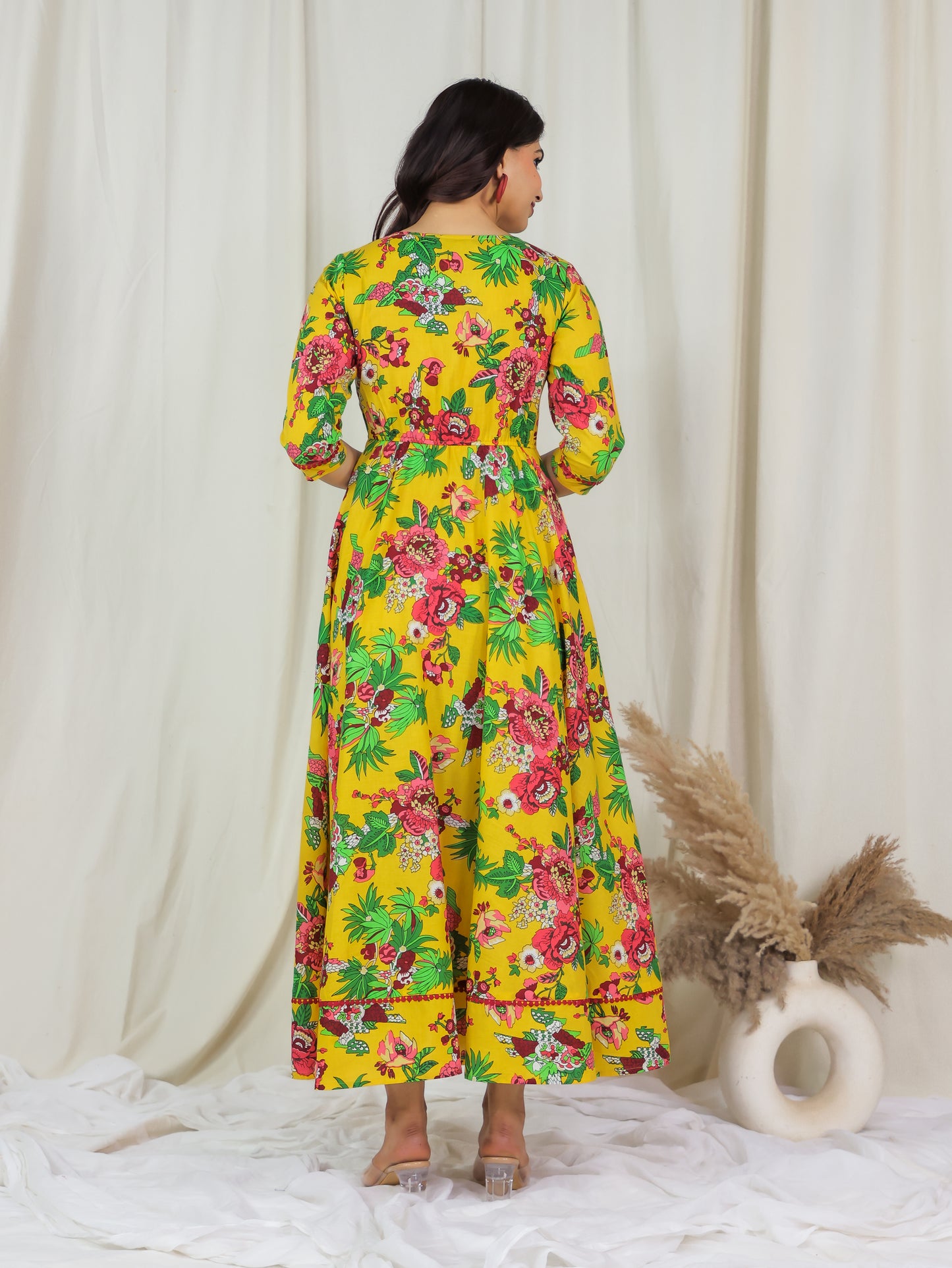 Soft Cotton Floral Anarkali Yellow Dress