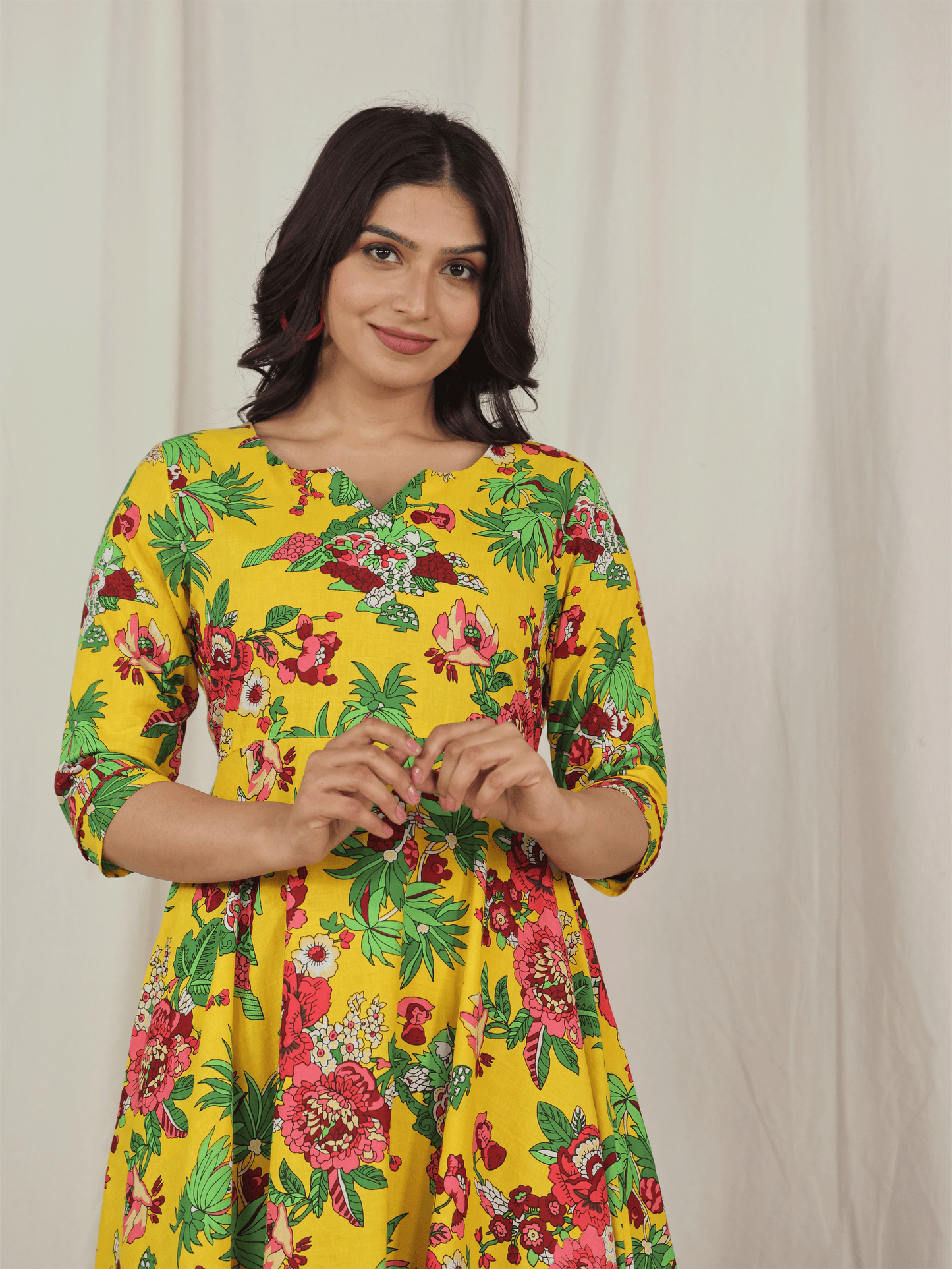 Soft Cotton Floral Anarkali Yellow Dress