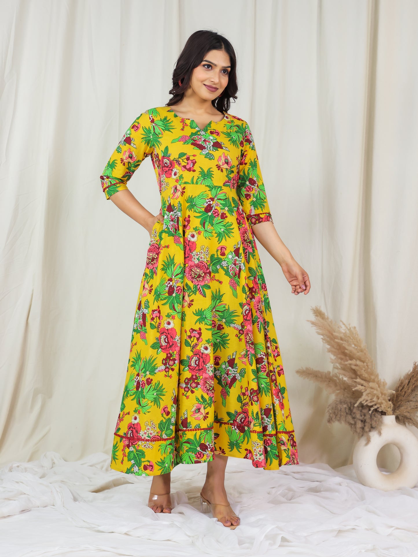 Soft Cotton Floral Anarkali Yellow Dress