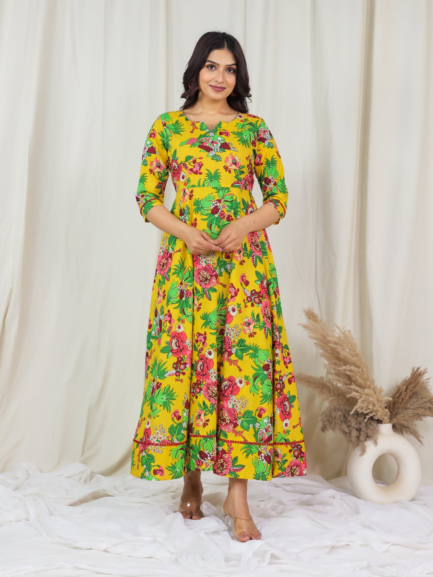 Soft Cotton Floral Anarkali Yellow Dress