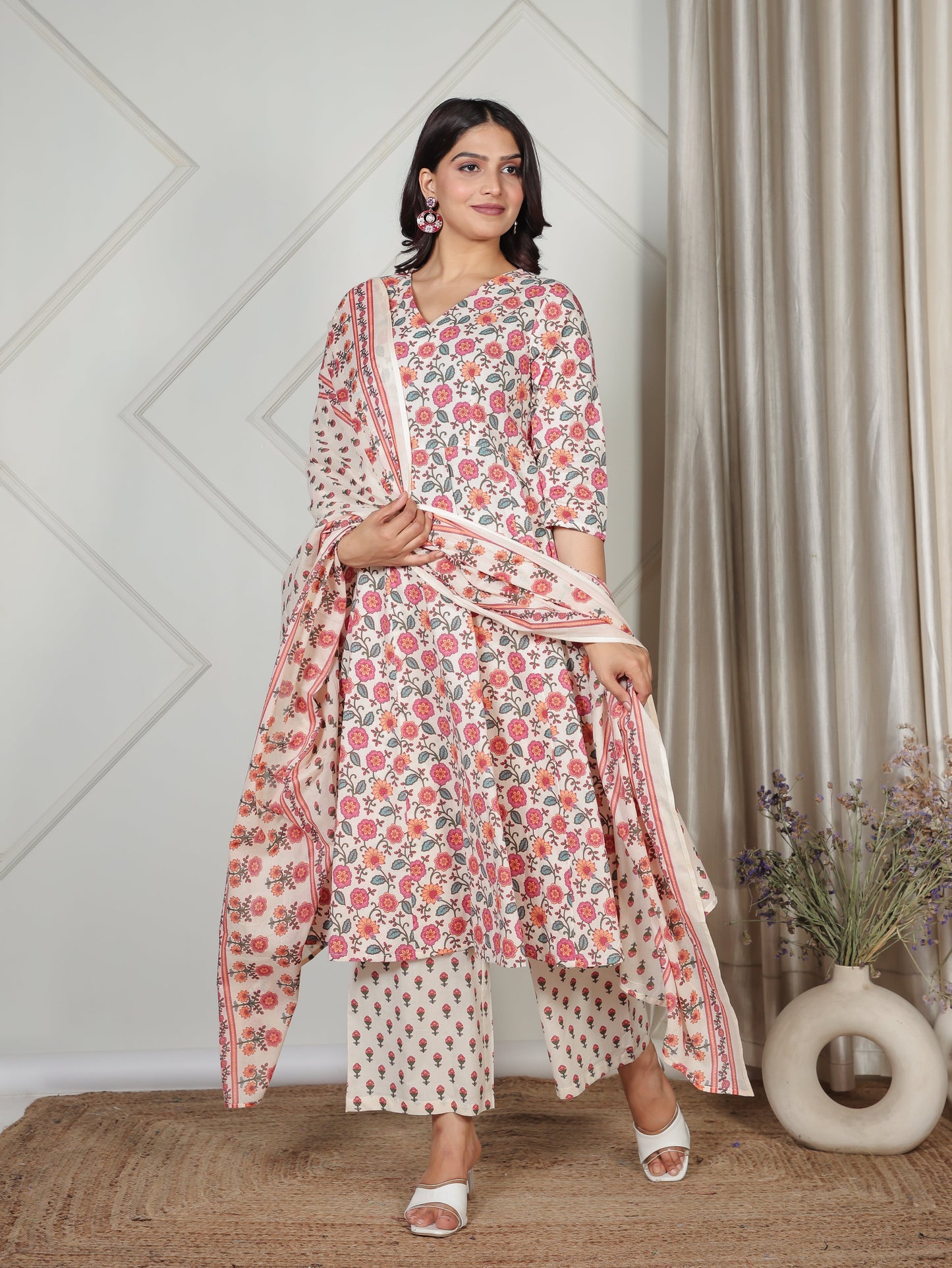 Soft Cotton Floral Flared Beige Kurta