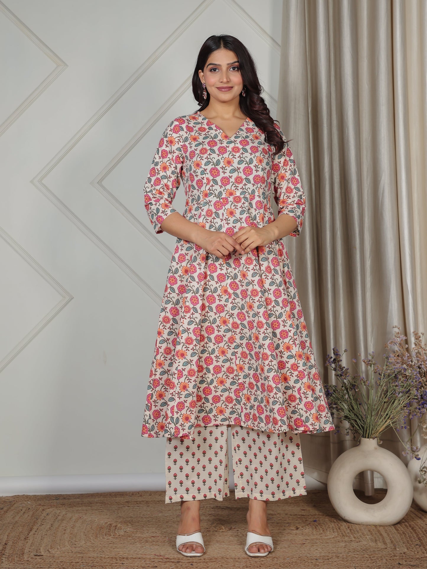Soft Cotton Floral Flared Beige Kurta