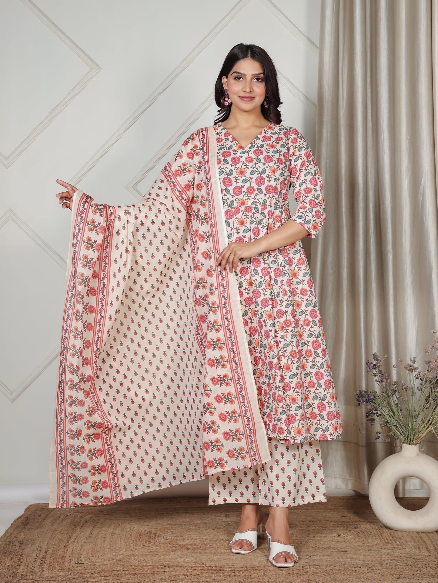 Soft Cotton Floral Flared Beige Kurta