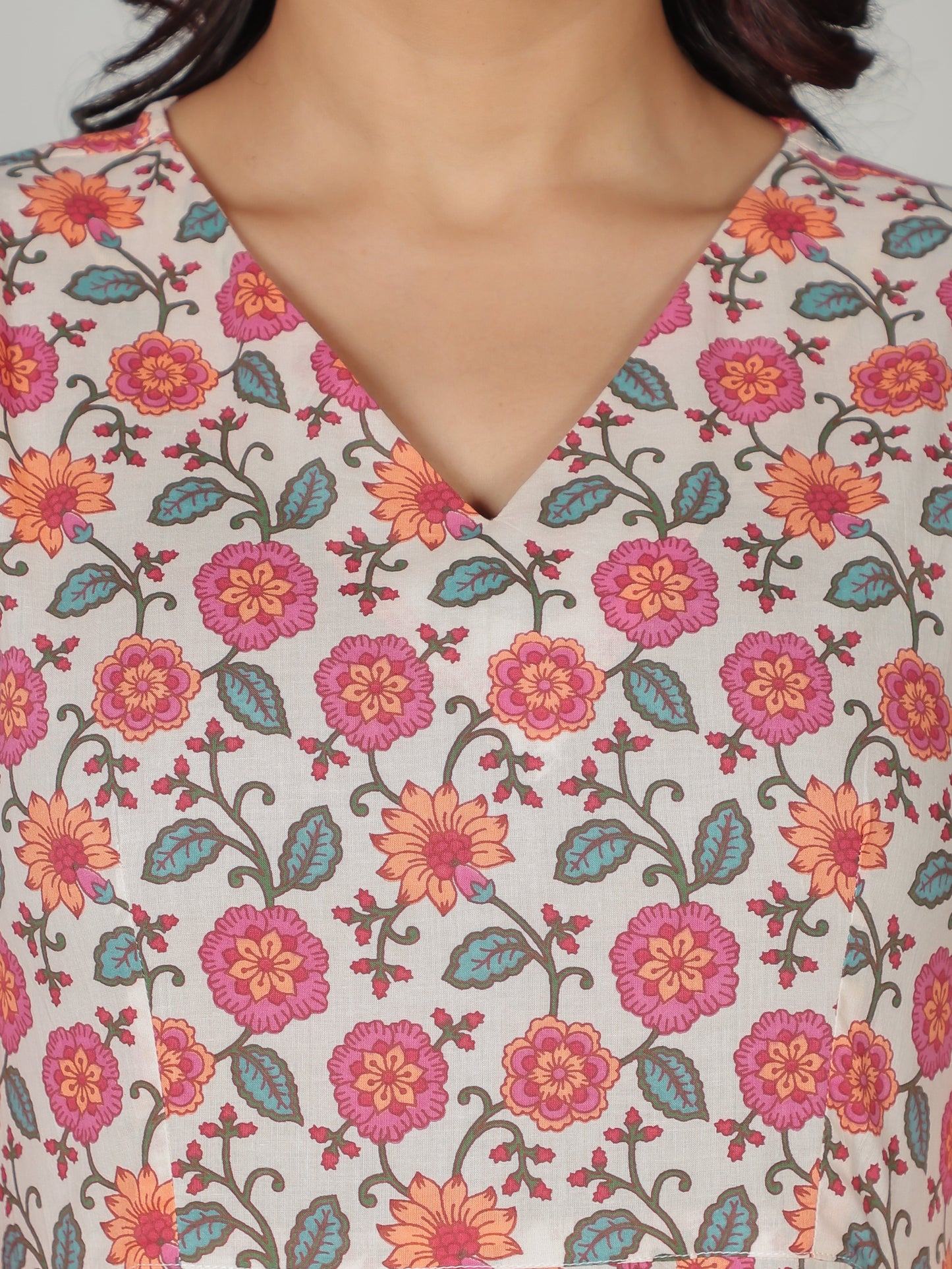 Soft Cotton Floral Flared Beige Kurta