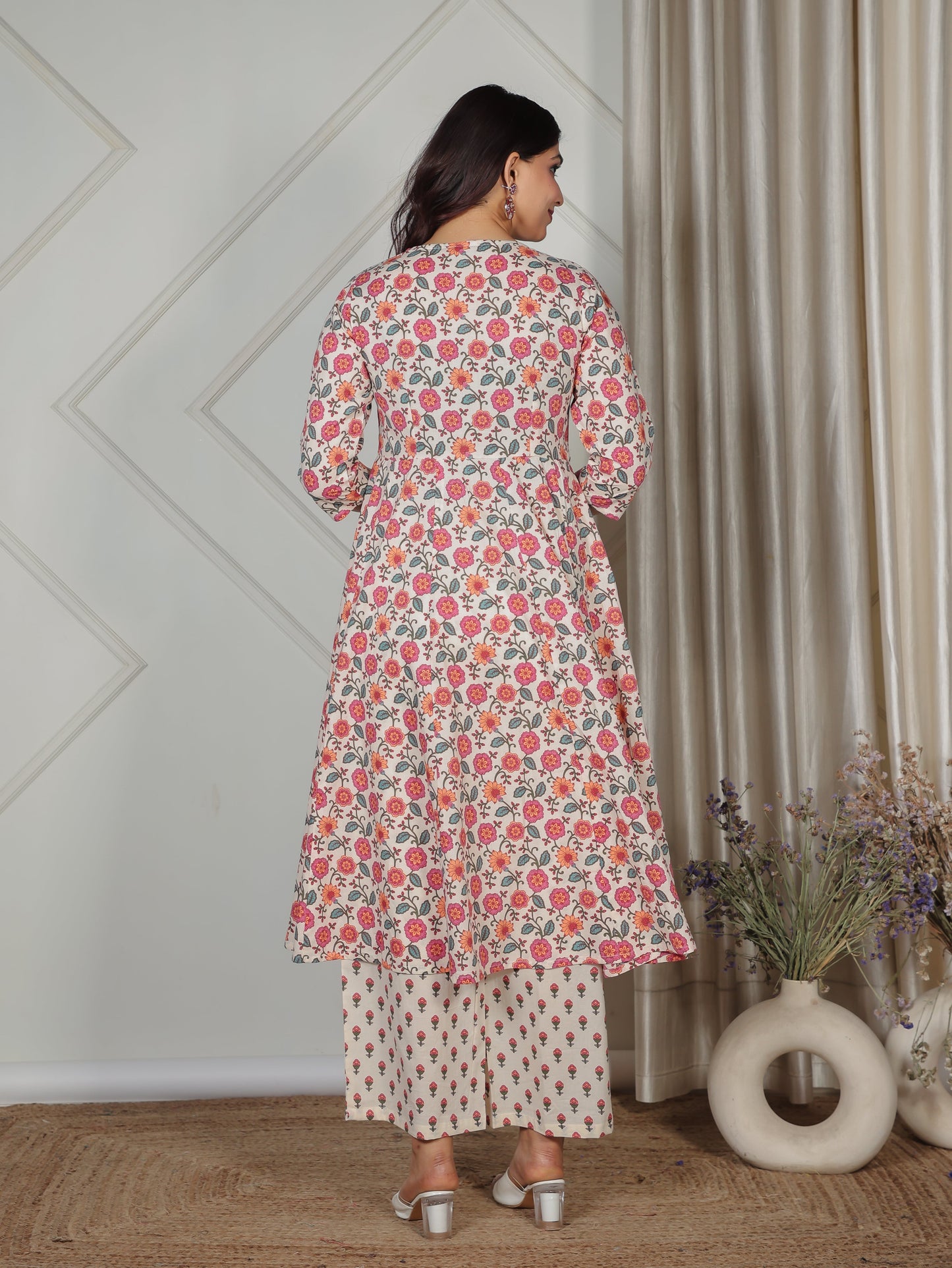 Soft Cotton Floral Flared Beige Kurta