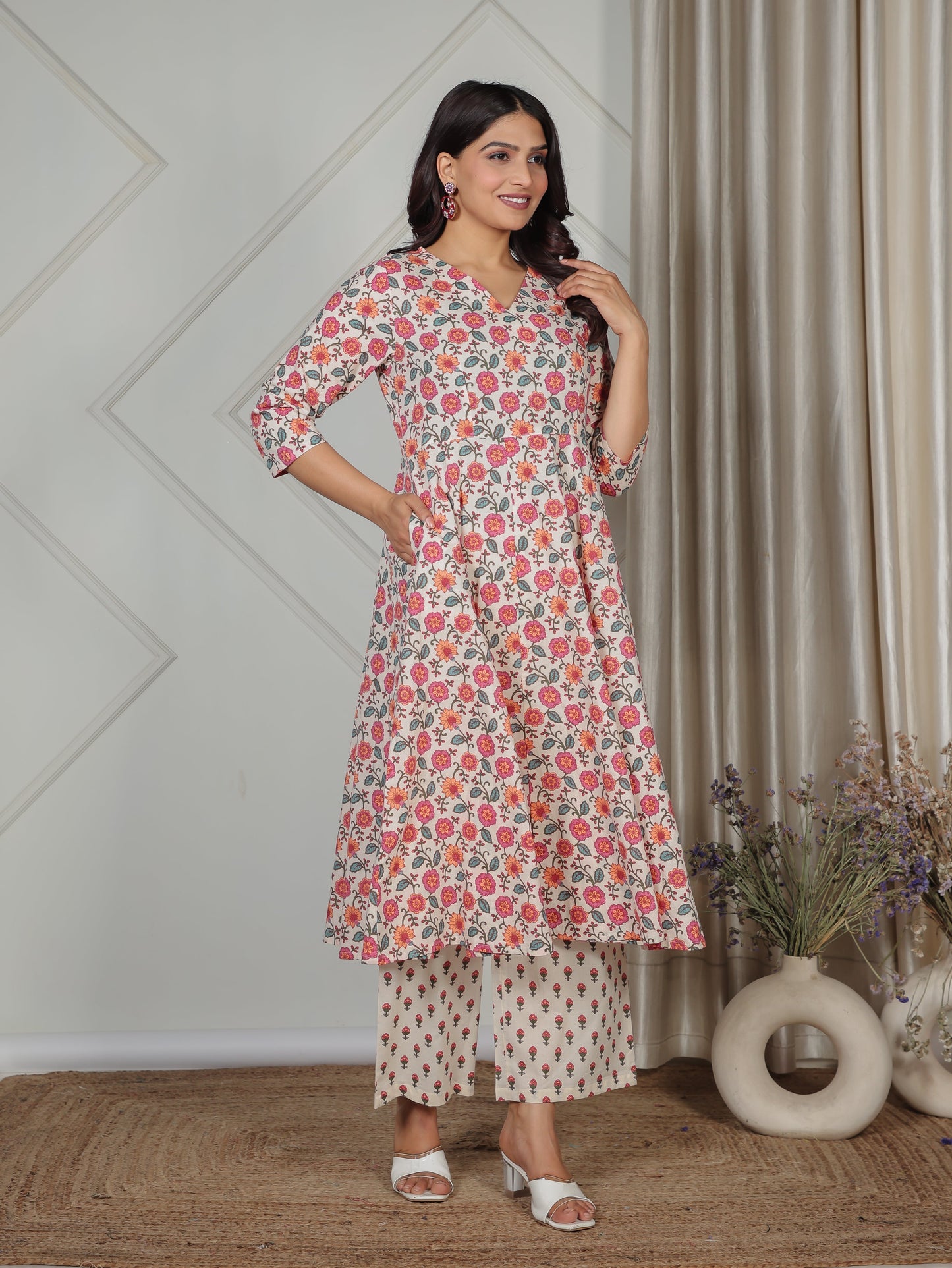 Soft Cotton Floral Flared Beige Kurta