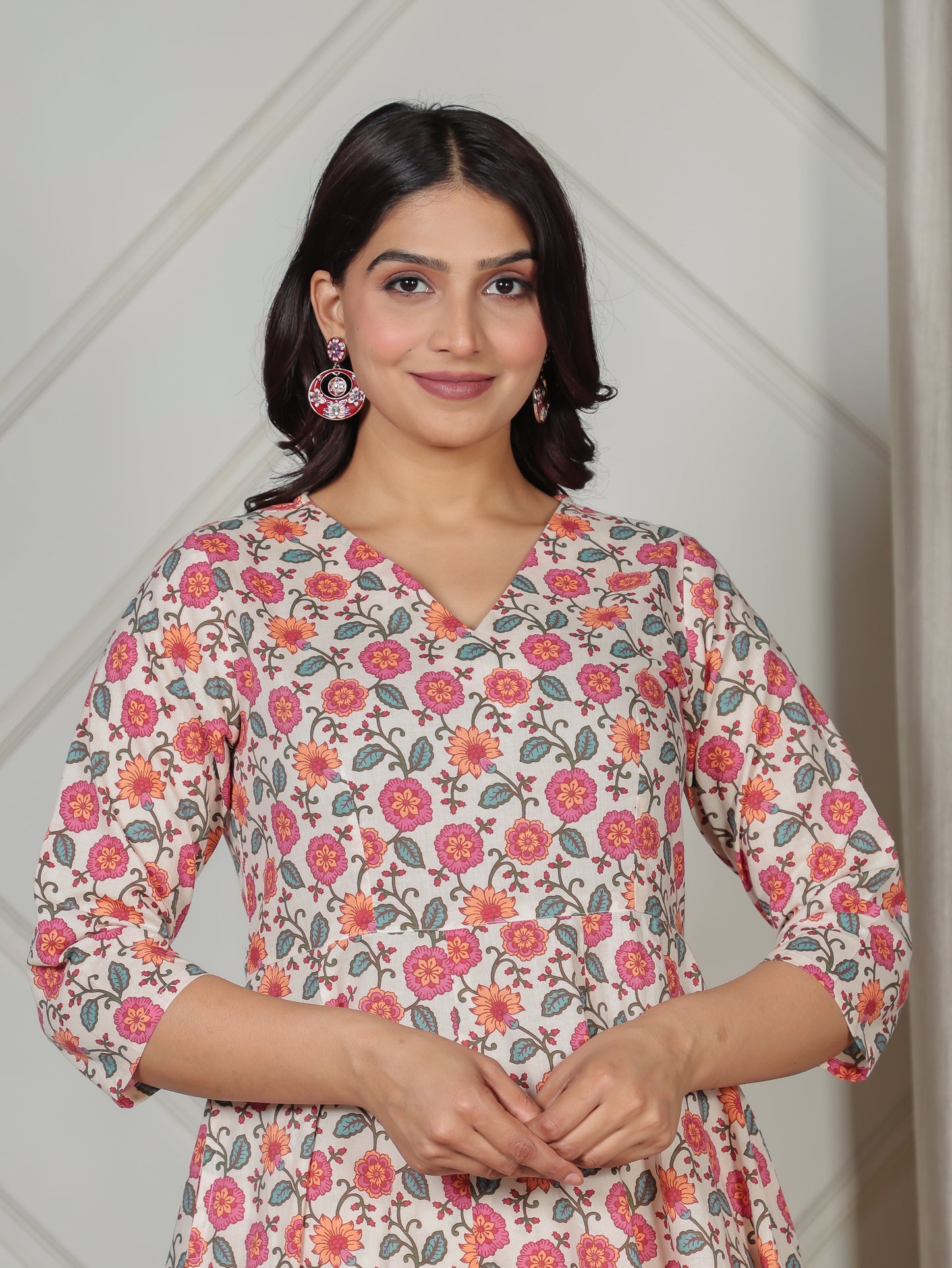 Soft Cotton Floral Flared Beige Kurta