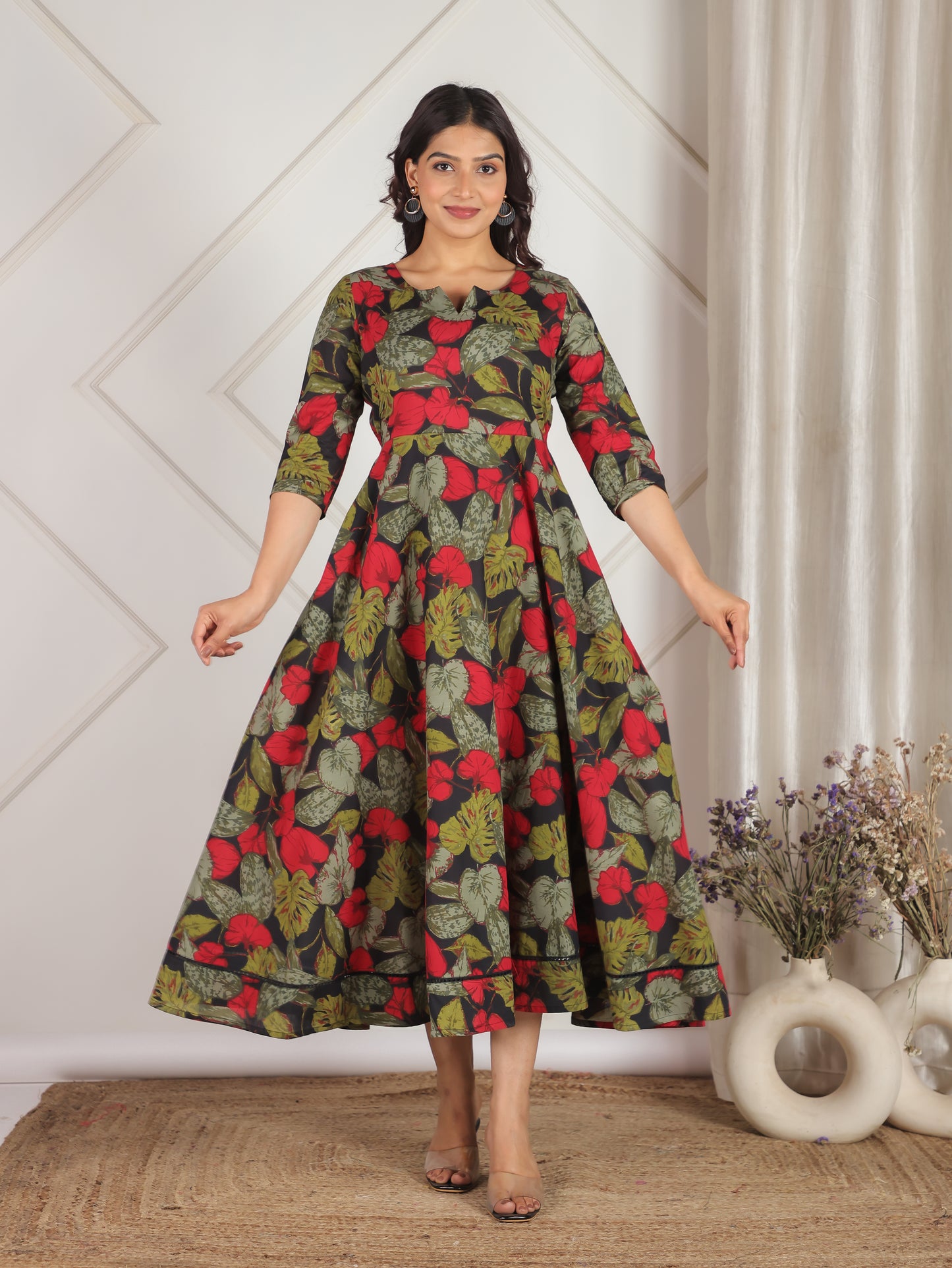 Soft Cotton Floral Anarkali Black Dress