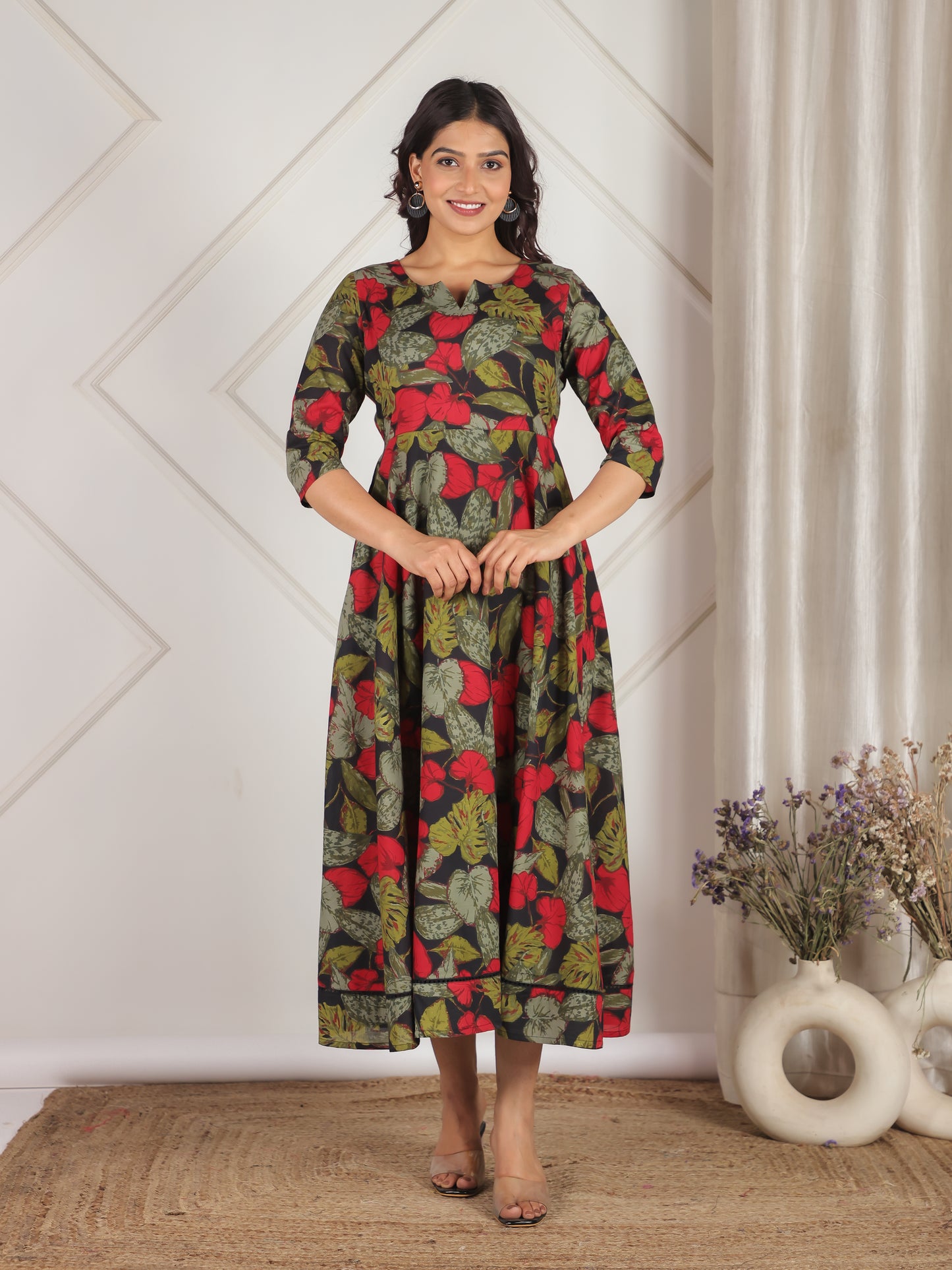 Soft Cotton Floral Anarkali Black Dress