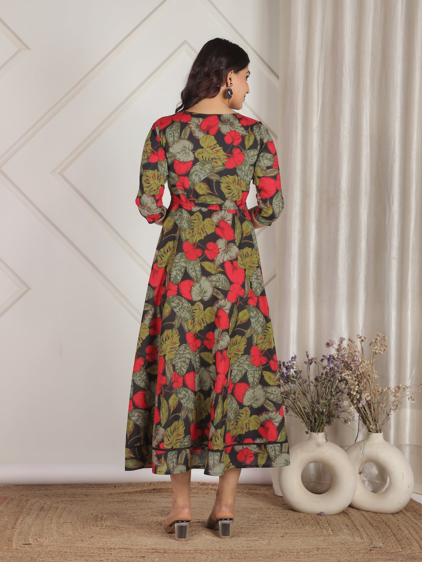 Soft Cotton Floral Anarkali Black Dress