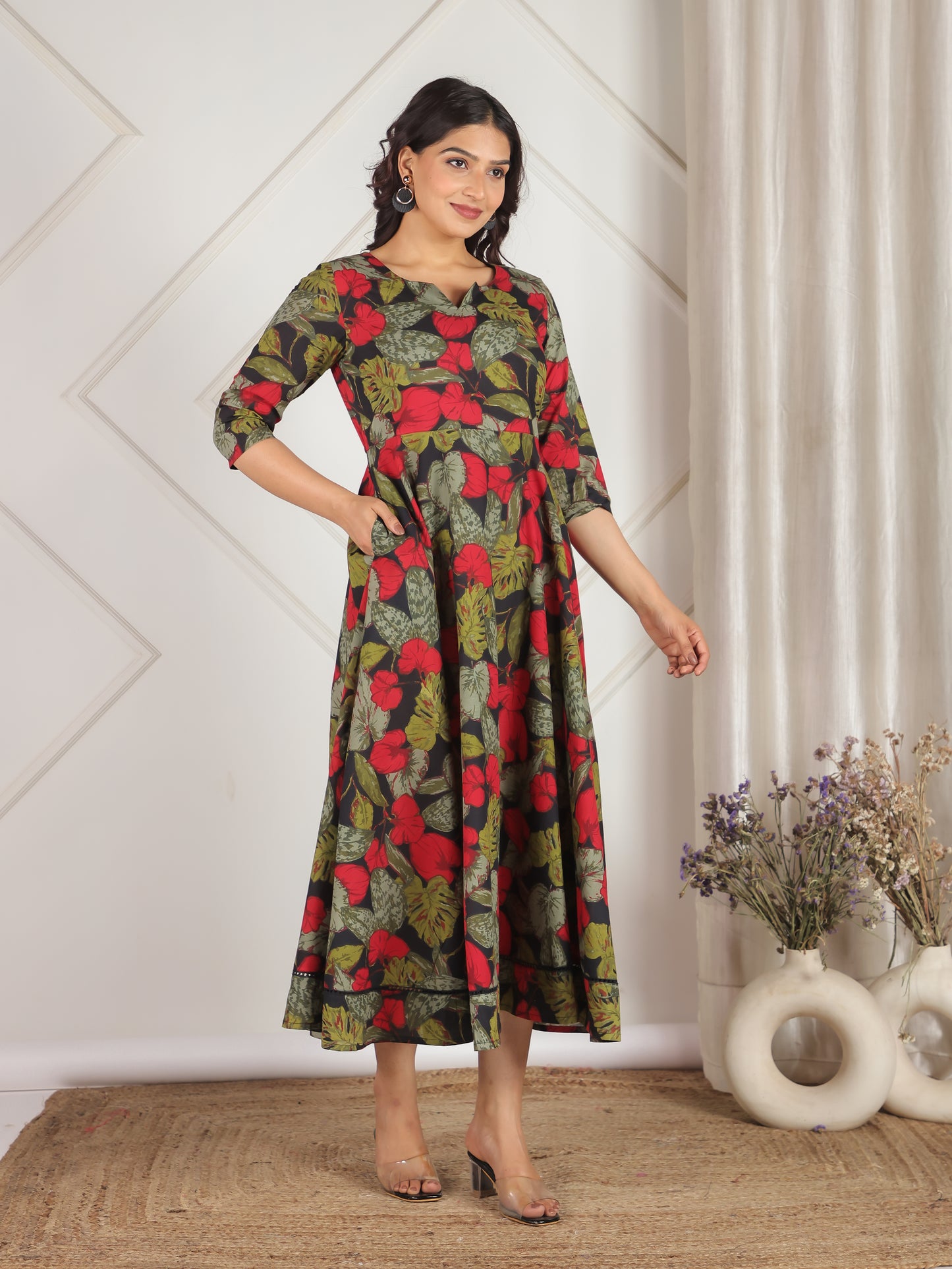 Soft Cotton Floral Anarkali Black Dress