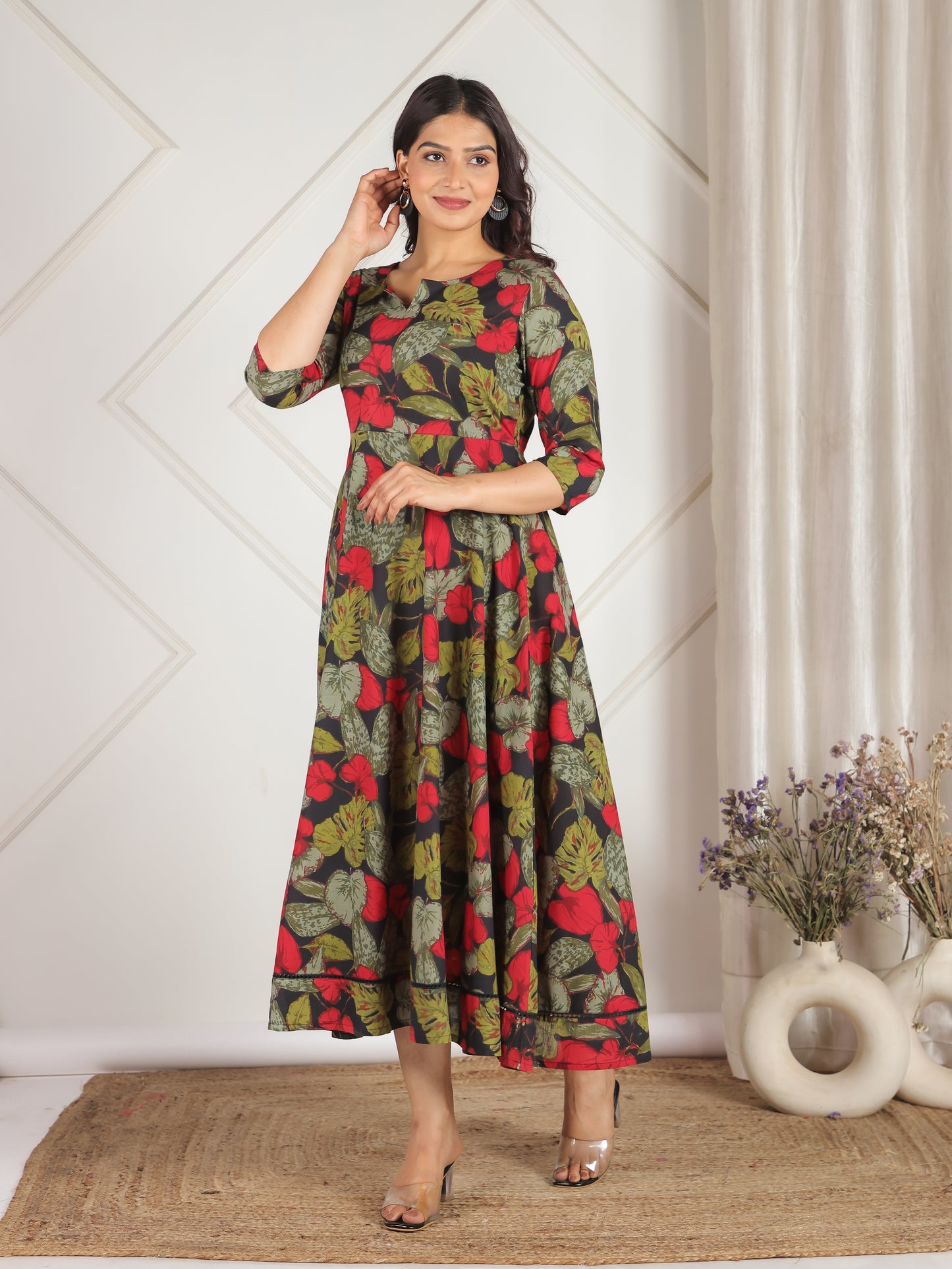 Soft Cotton Floral Anarkali Black Dress