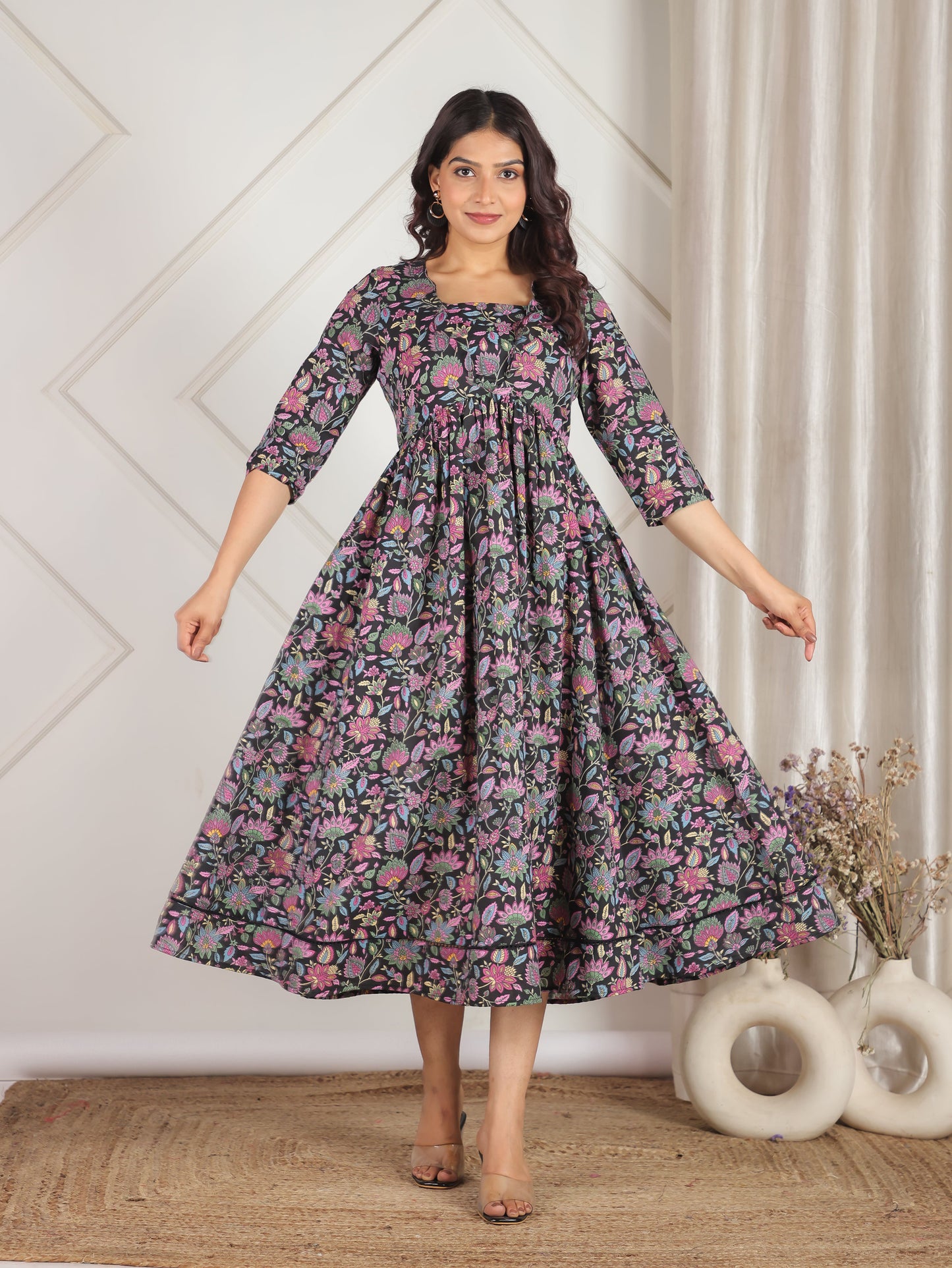 Soft Cotton Floral Gathered Black Dress