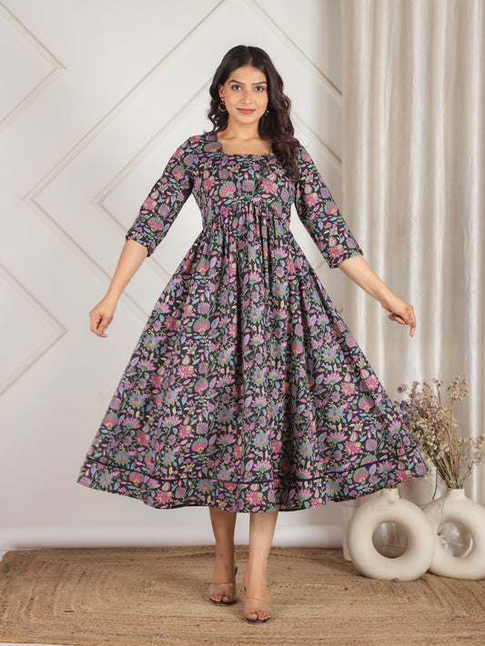 Soft Cotton Floral Gathered Black Dress