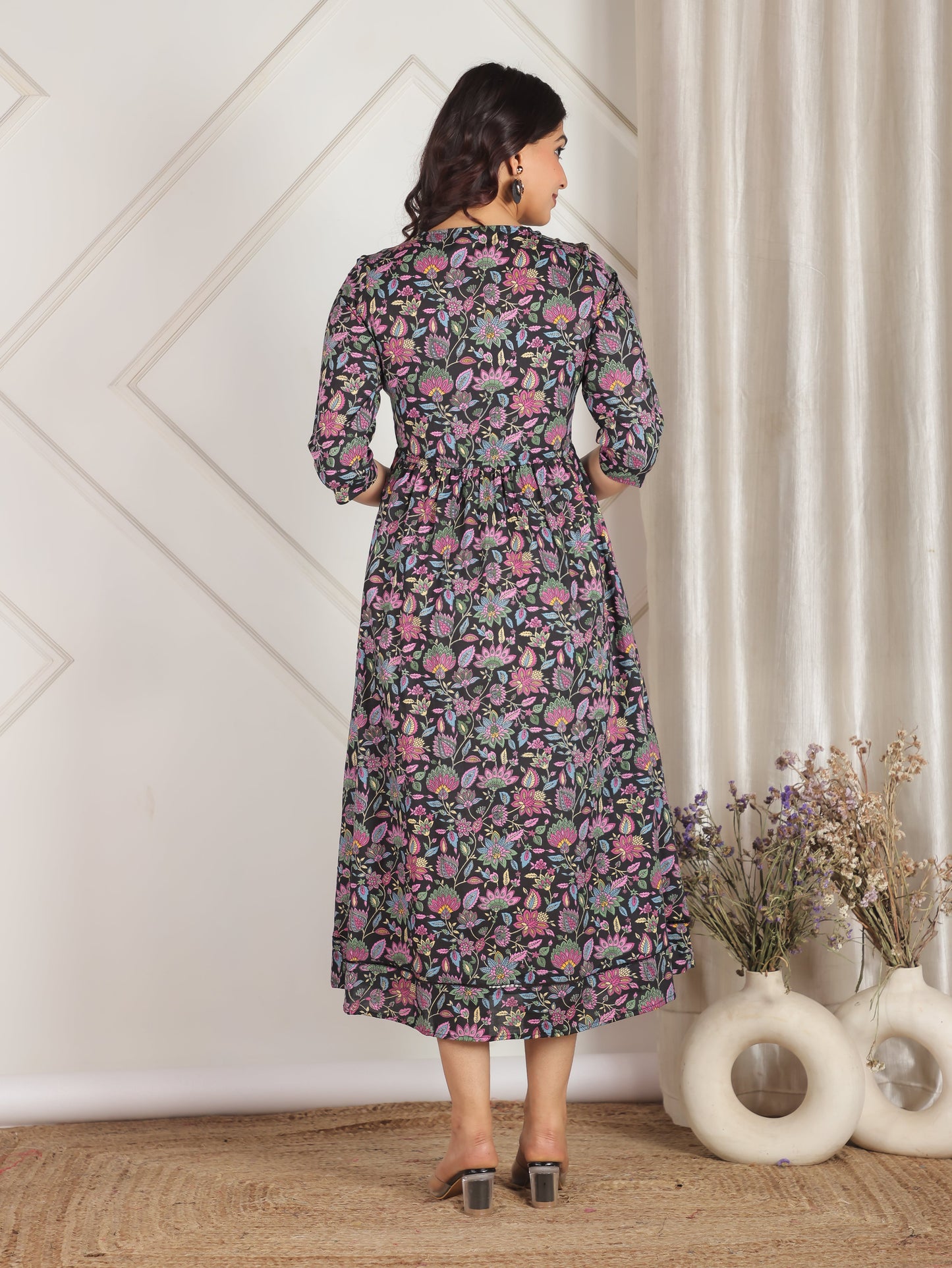 Soft Cotton Floral Gathered Black Dress