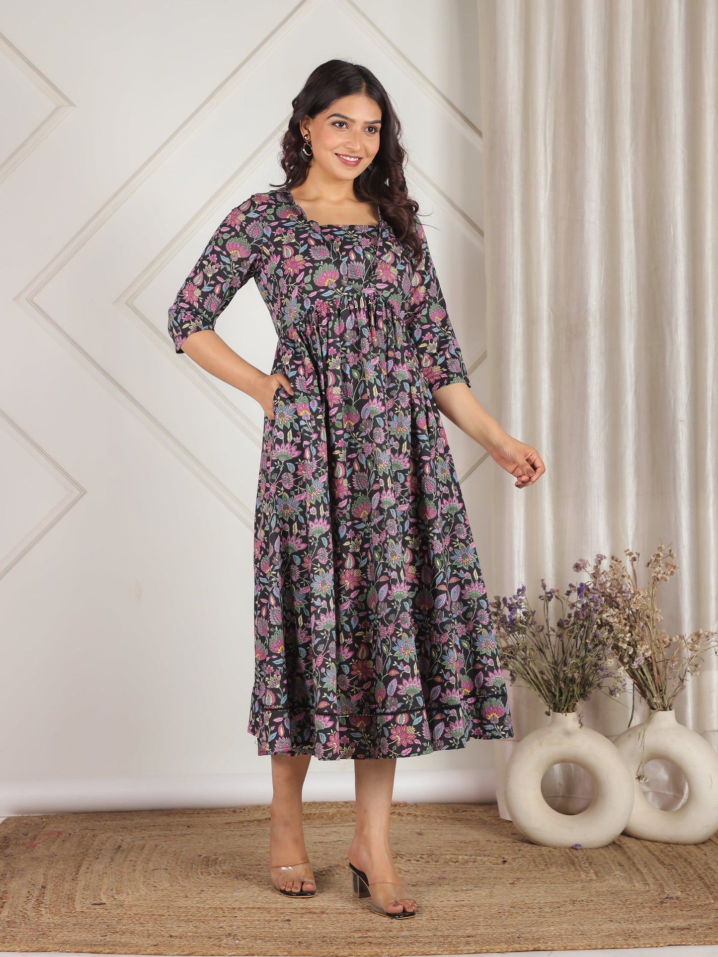 Soft Cotton Floral Gathered Black Dress