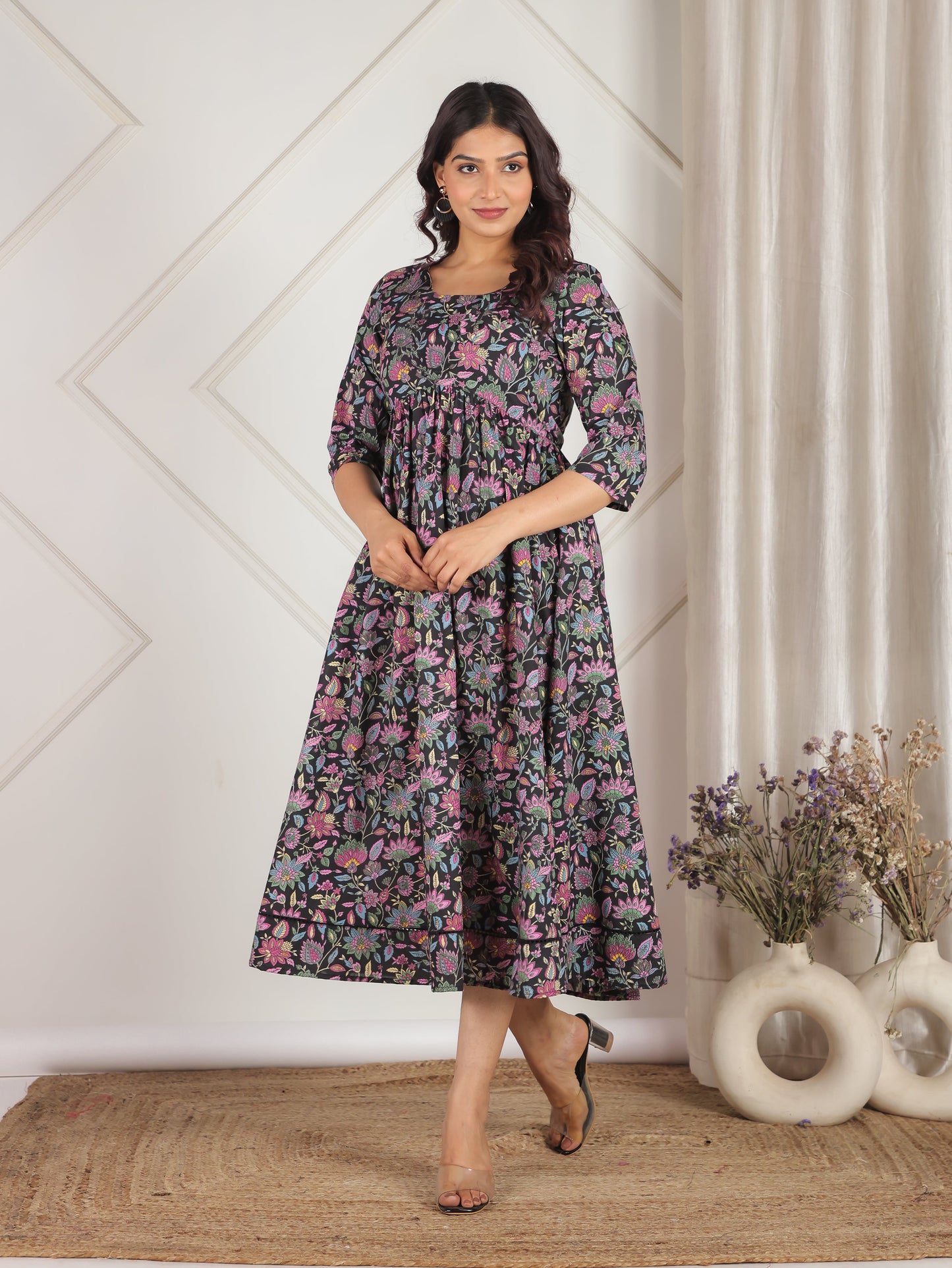 Soft Cotton Floral Gathered Black Dress