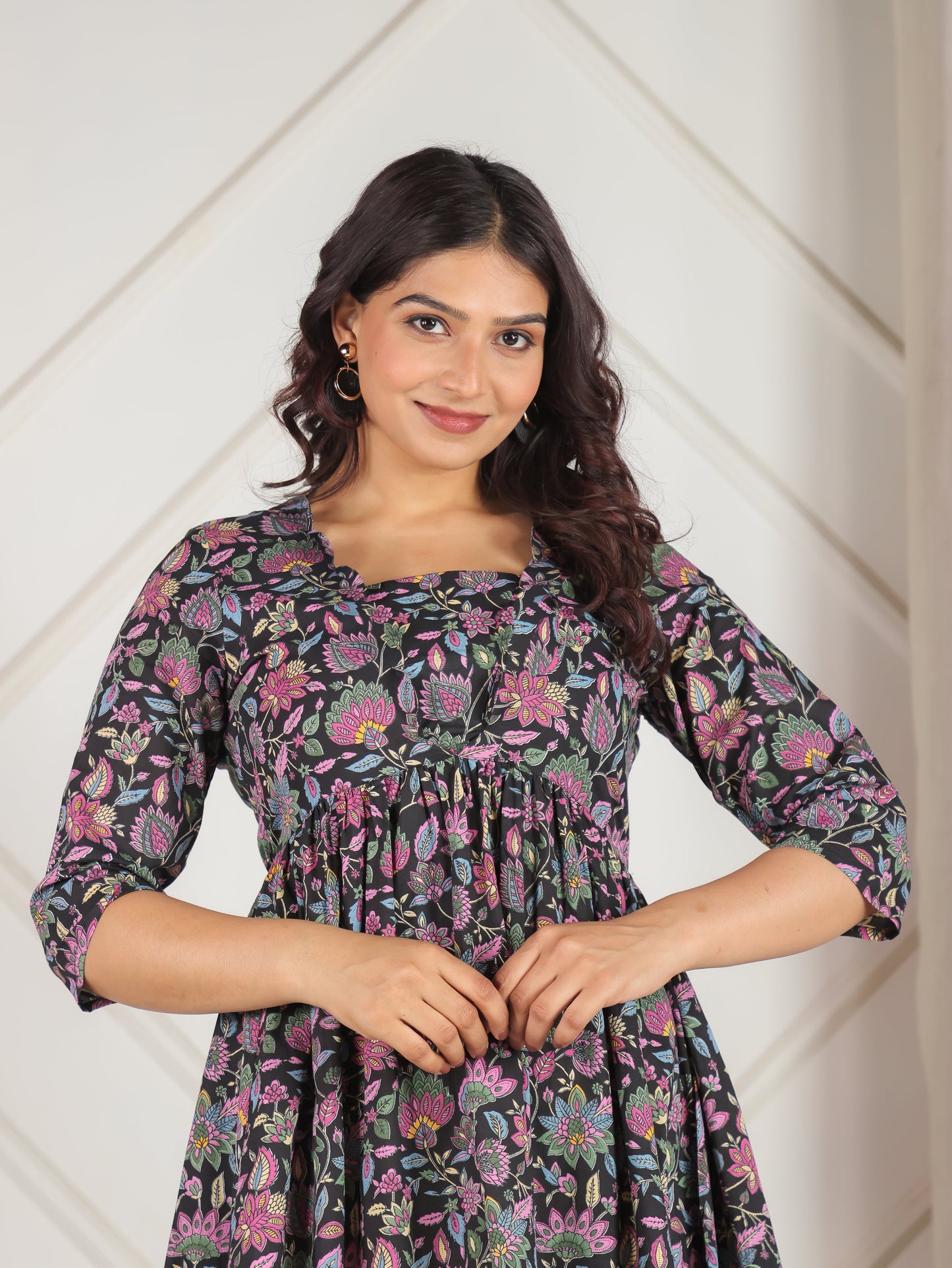 Soft Cotton Floral Gathered Black Dress