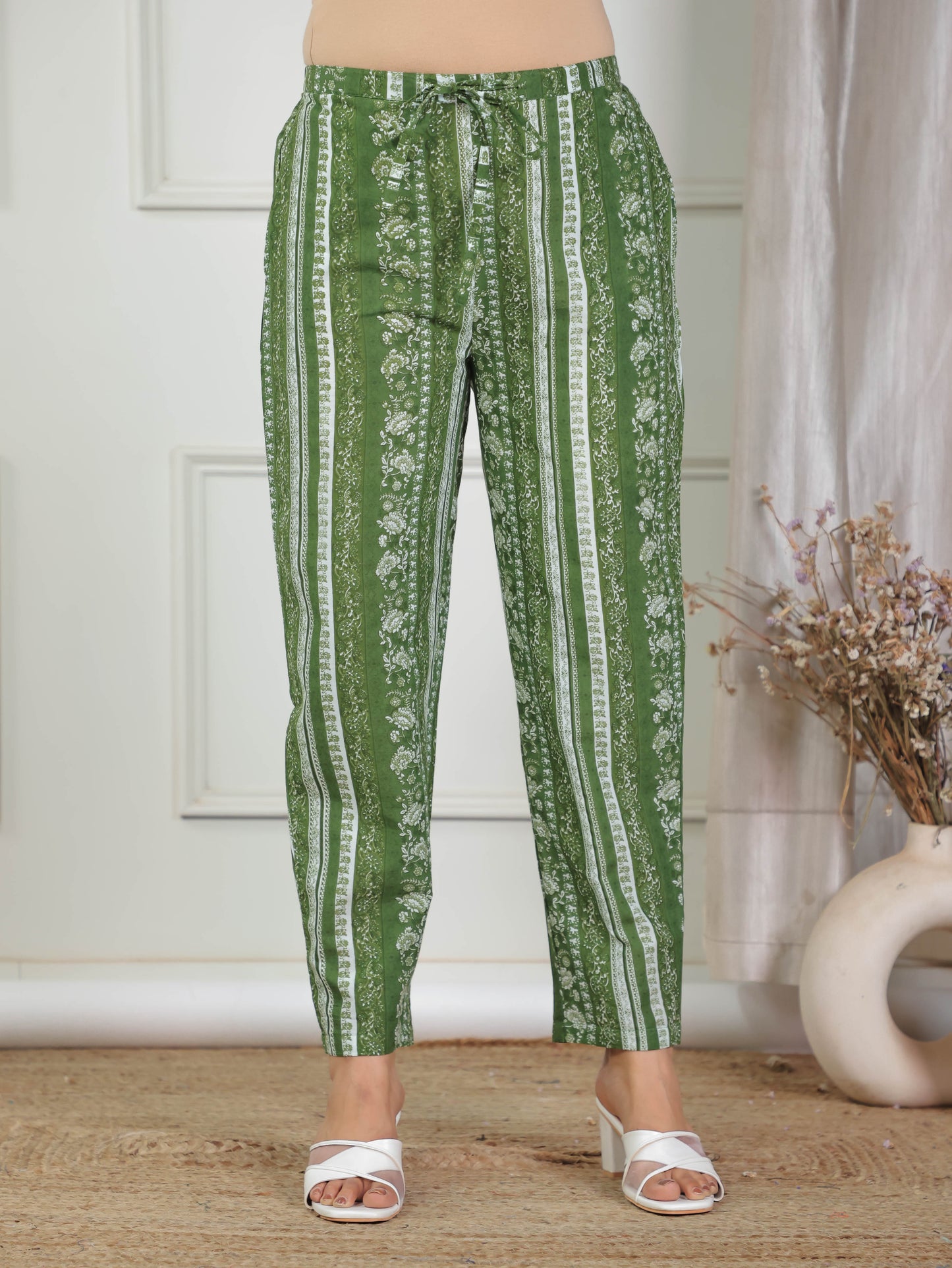 Soft Cotton Floral Green Tapered Trousers