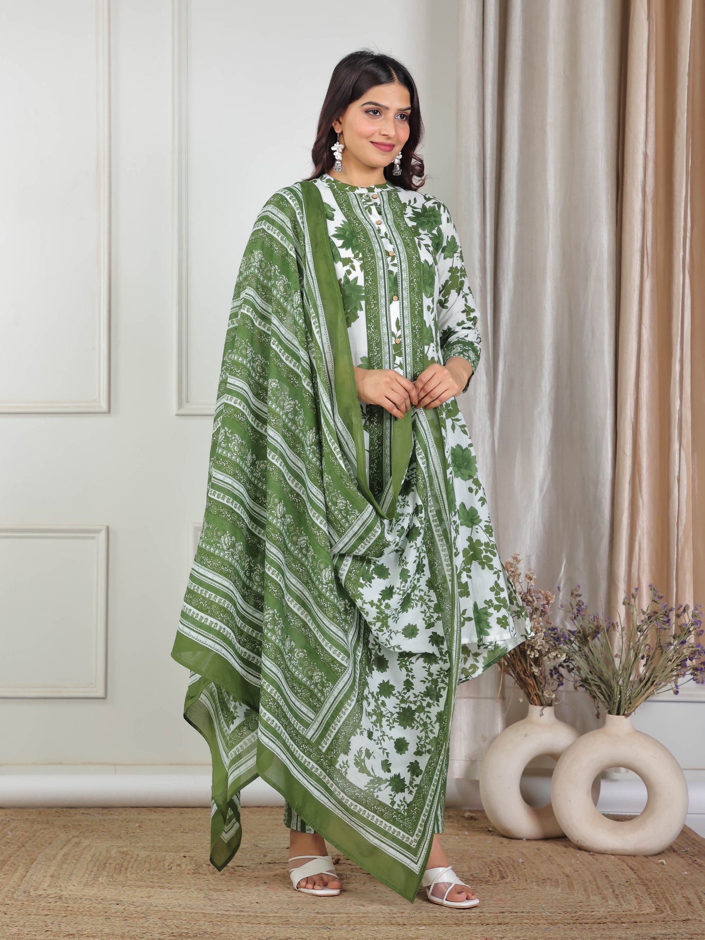 Cotton Voile Floral Green Dupatta