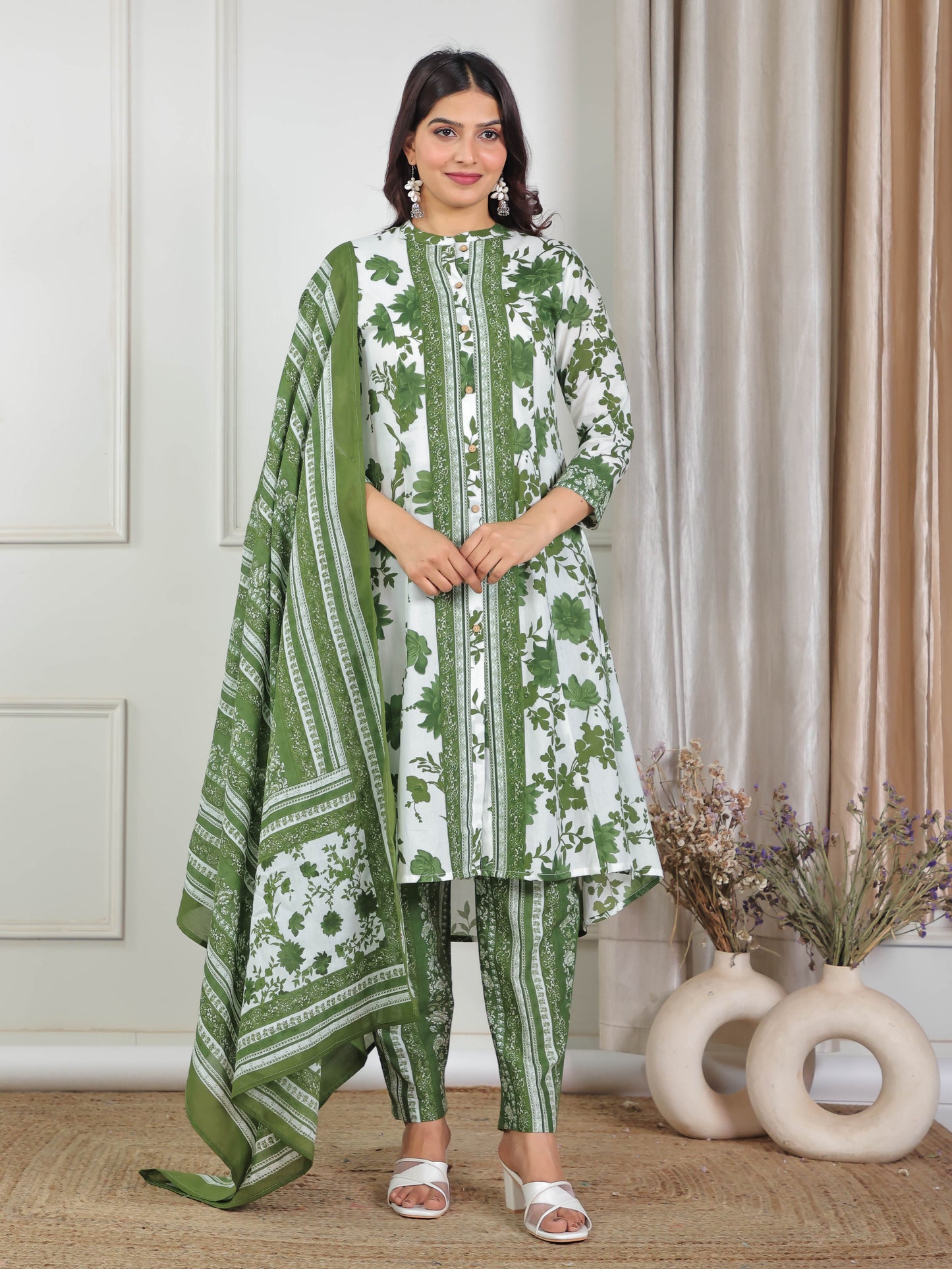 Cotton Voile Floral Green Dupatta