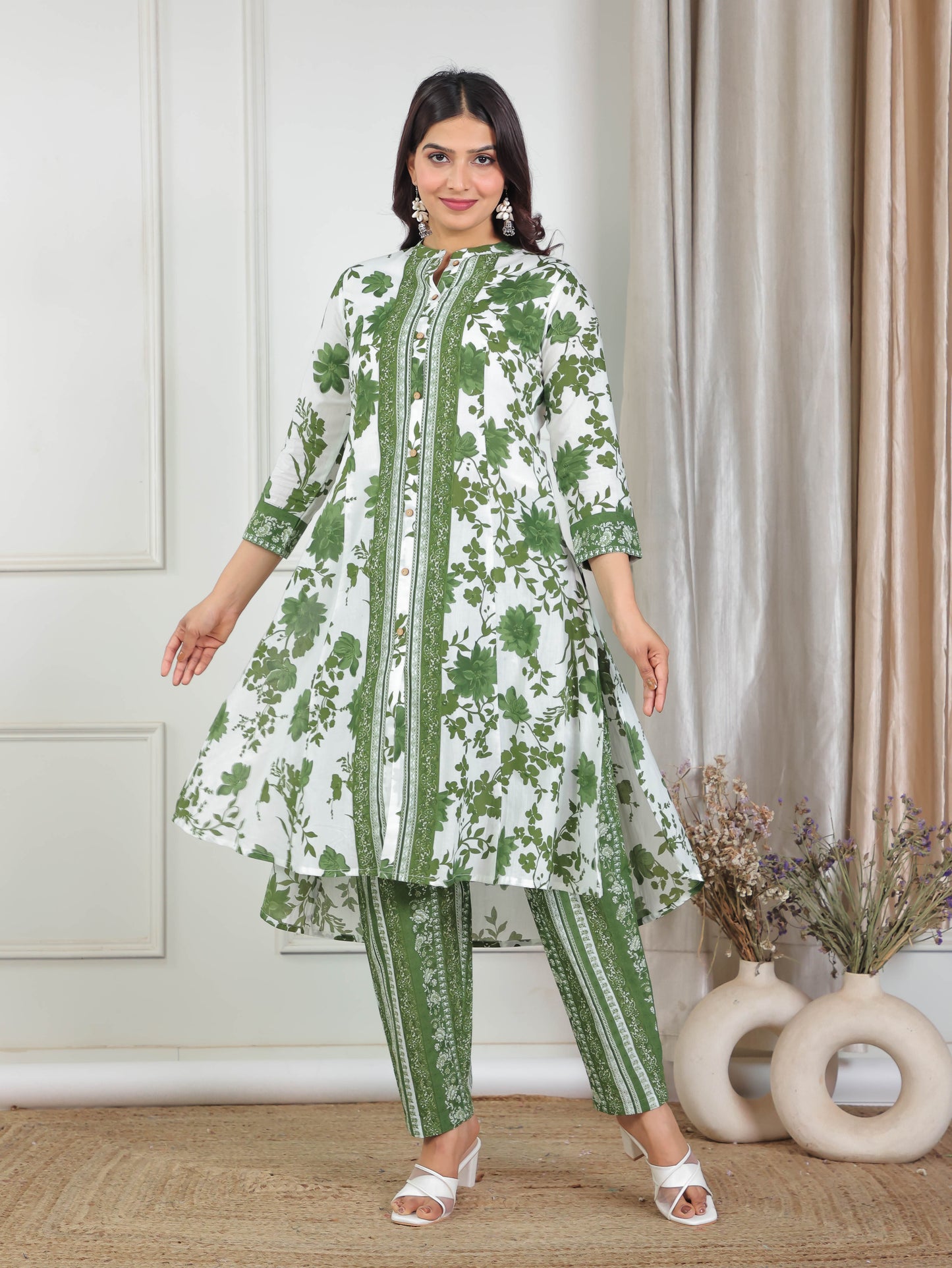 Soft Cotton Floral High Low Green Kurta