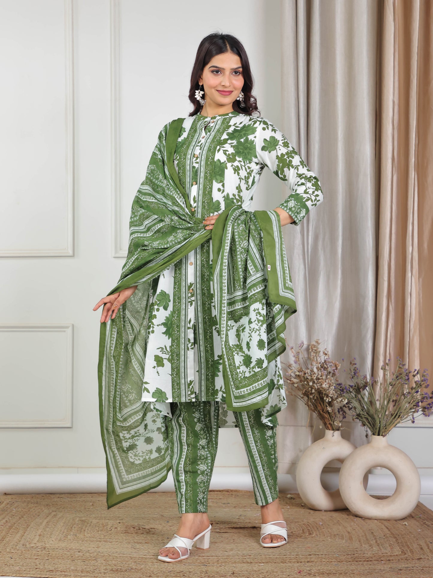 Soft Cotton Floral High Low Green Kurta