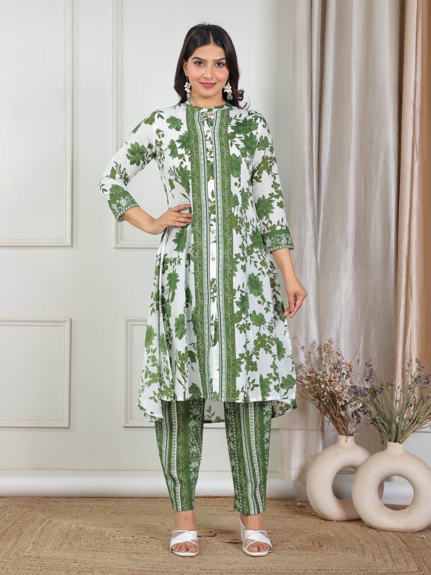 Soft Cotton Floral High Low Green Kurta