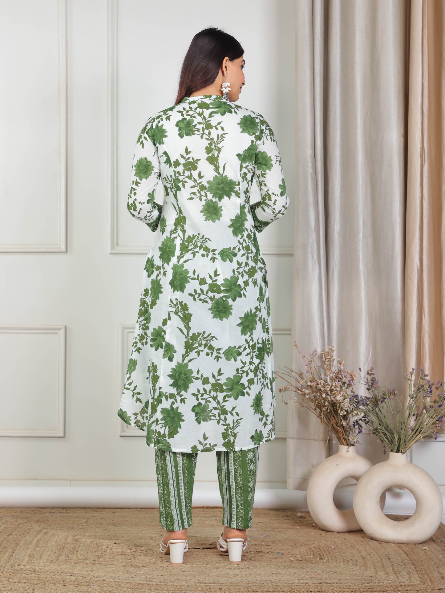Soft Cotton Floral High Low Green Kurta