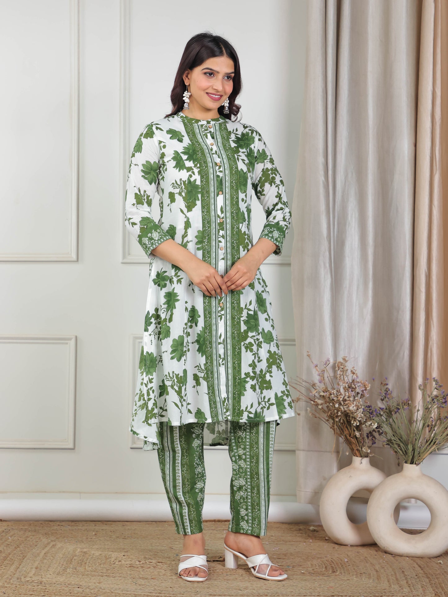 Soft Cotton Floral High Low Green Kurta