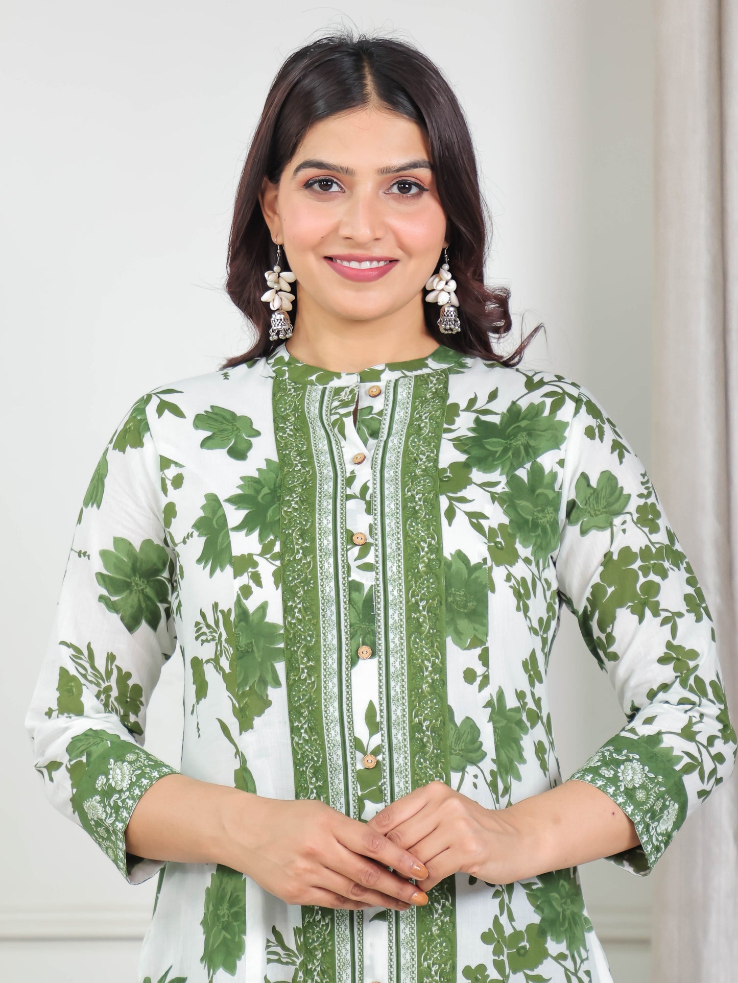Soft Cotton Floral High Low Green Kurta