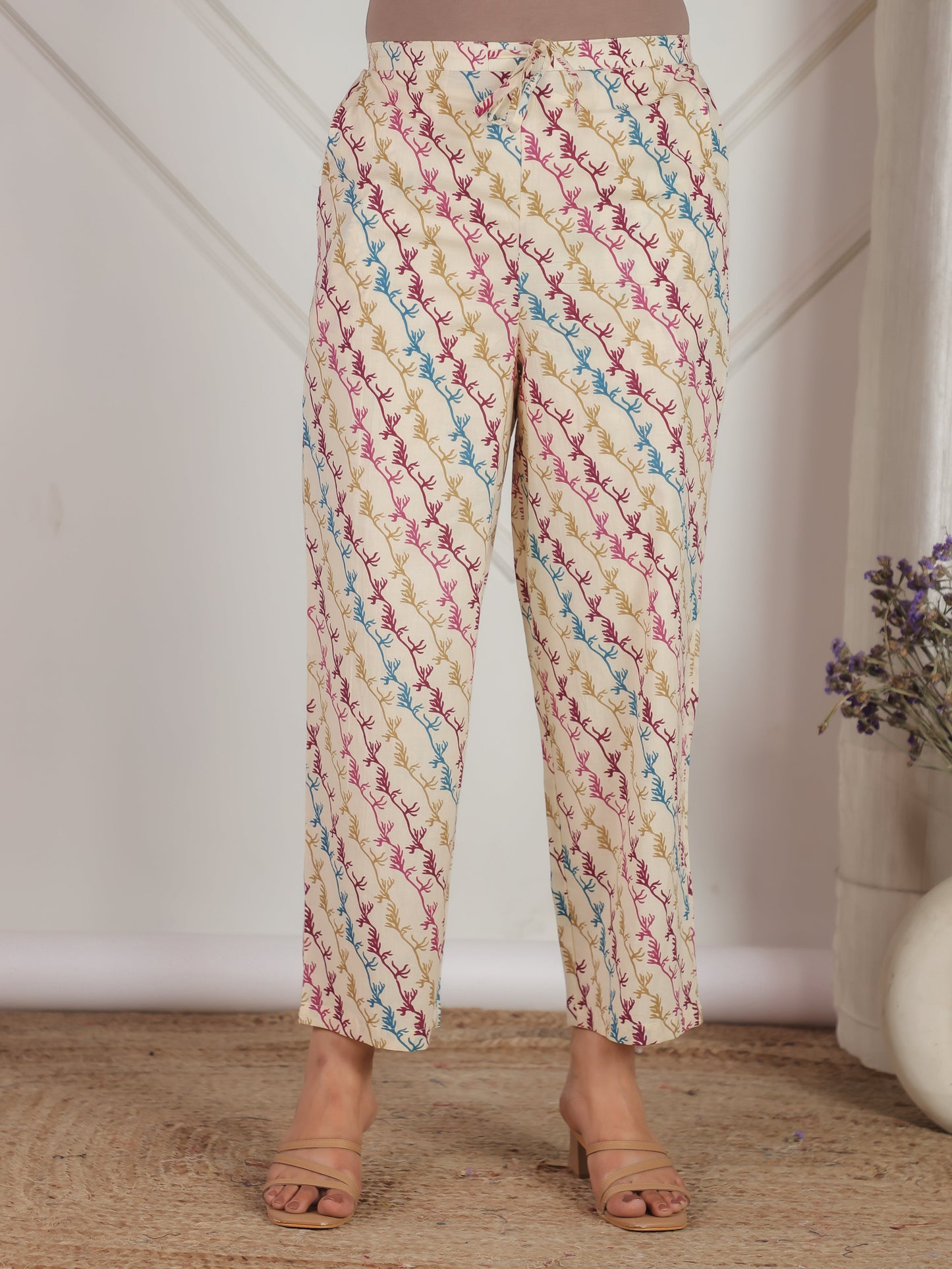 Soft Cotton Floral Off White Straight Trousers