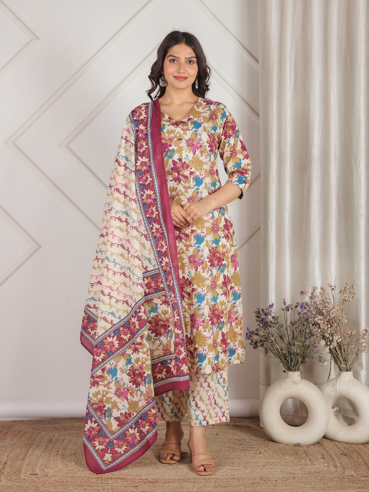 Cotton Voile Floral Off White Dupatta