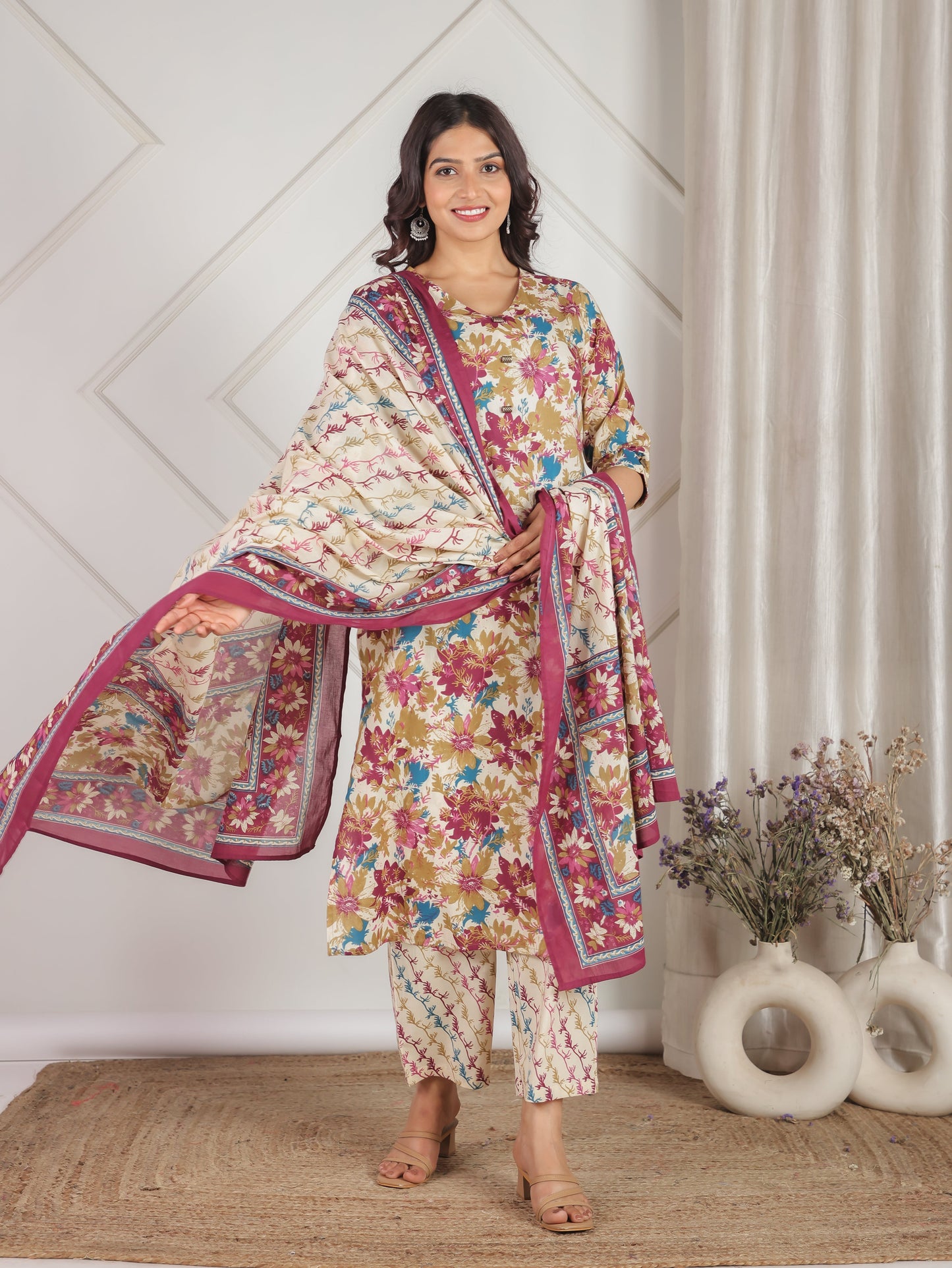 Cotton Voile Floral Off White Dupatta